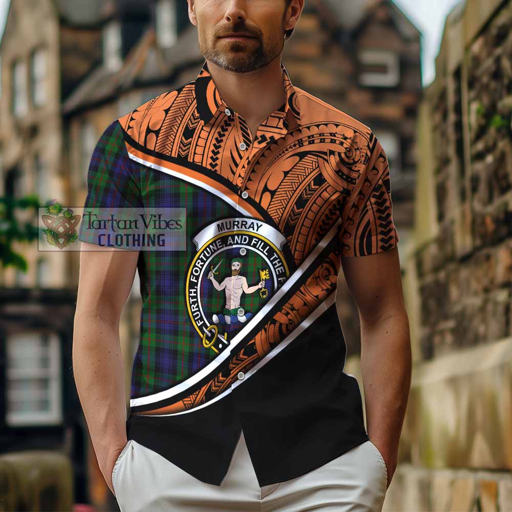 Tartan Vibes Clothing Murray Crest Tartan Short Sleeve Button Shirt with Maori Tattoo Style - Orange Version