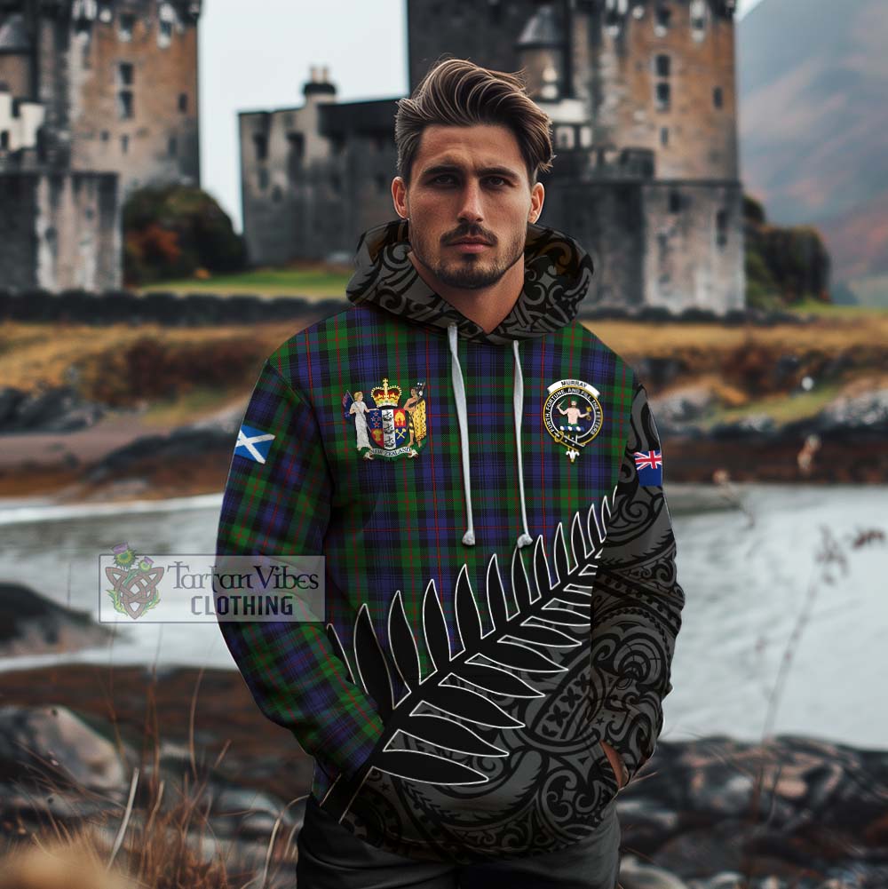 Tartan Vibes Clothing Murray Crest Tartan Cotton Hoodie with New Zealand Silver Fern Half Style