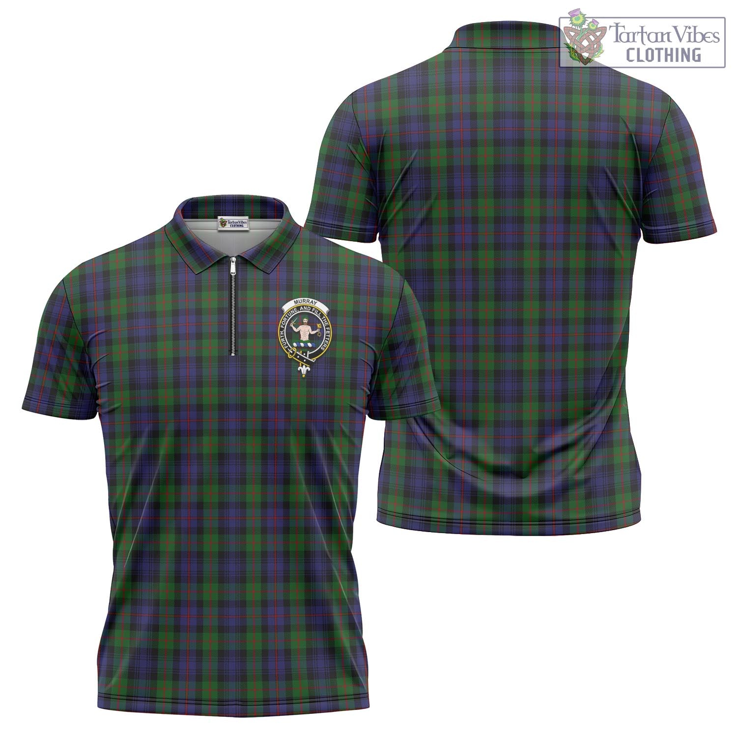 Tartan Vibes Clothing Murray of Atholl Tartan Zipper Polo Shirt with Family Crest