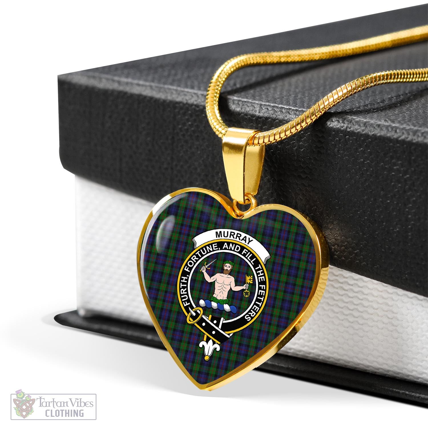 Tartan Vibes Clothing Murray of Atholl Tartan Heart Necklace with Family Crest