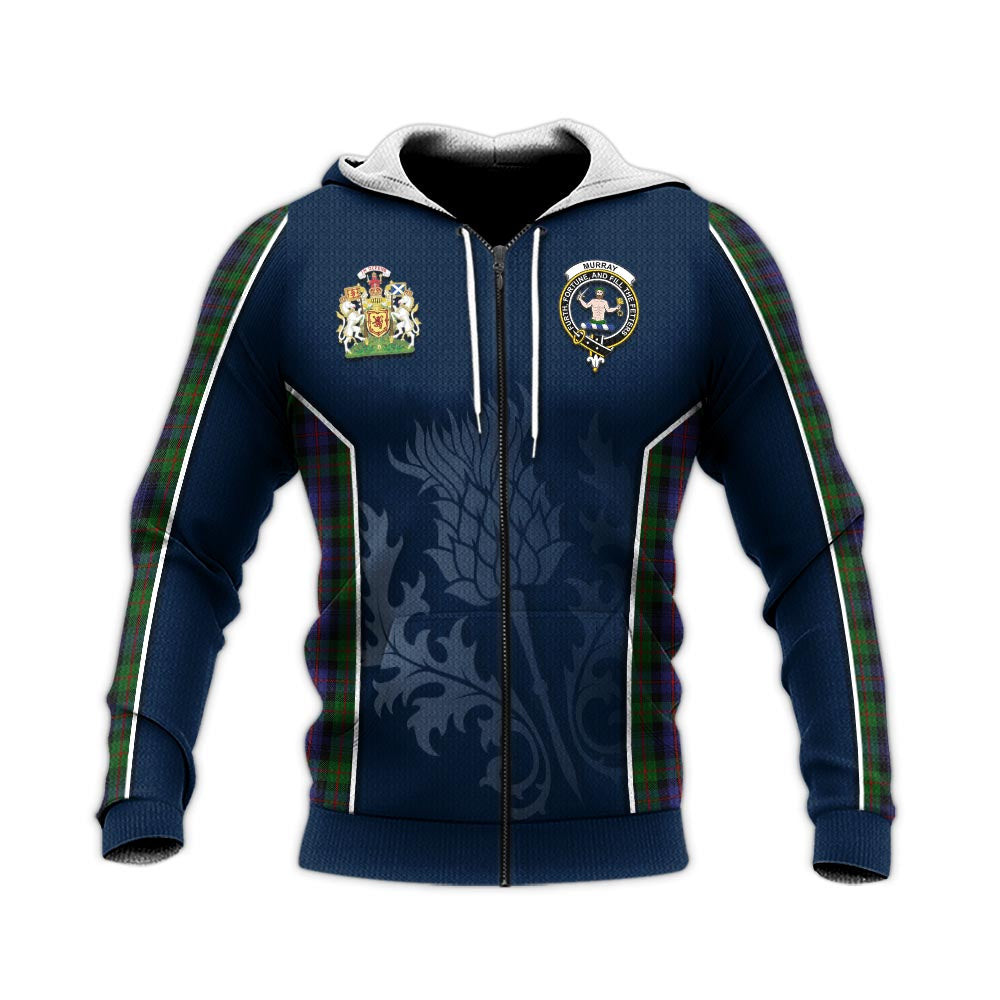 Tartan Vibes Clothing Murray of Atholl Tartan Knitted Hoodie with Family Crest and Scottish Thistle Vibes Sport Style