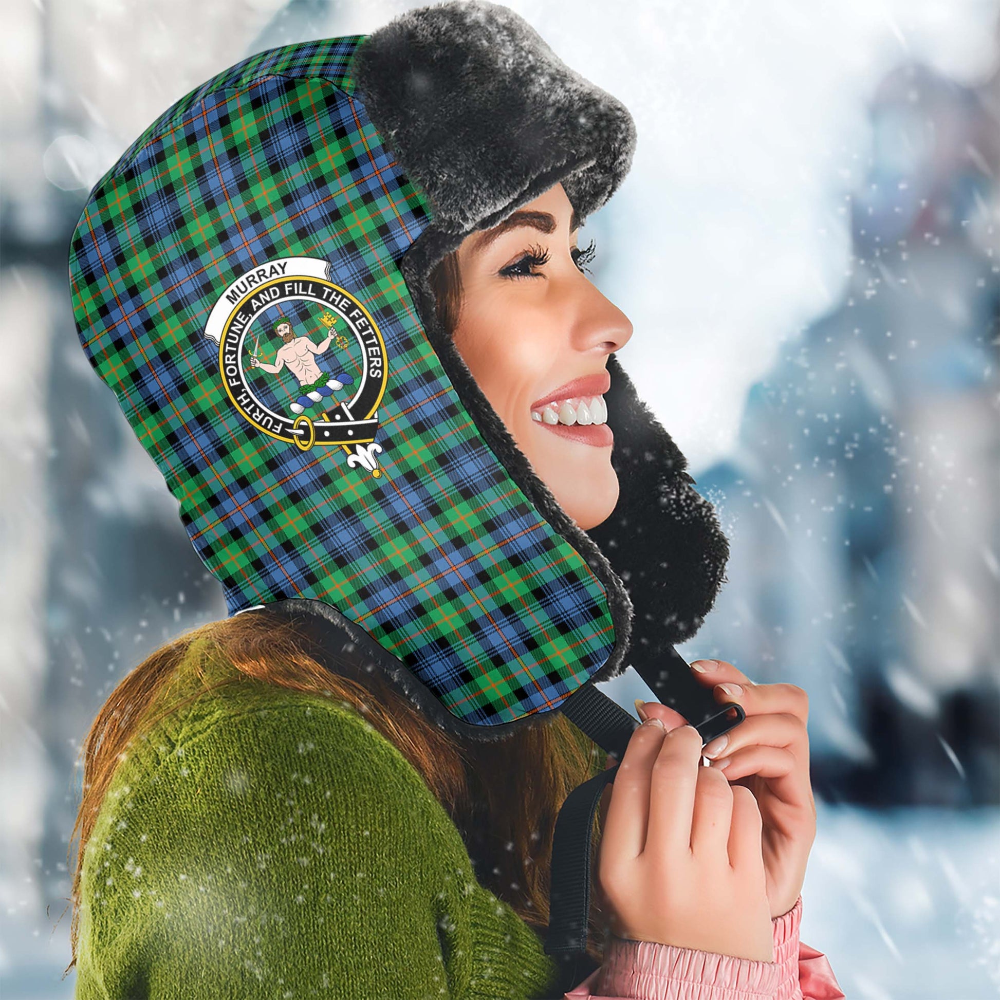 Murray of Atholl Ancient Tartan Winter Trapper Hat with Family Crest Winter Trapper Hat Universal Fit Circumference 22.8in (58cm) - Tartanvibesclothing