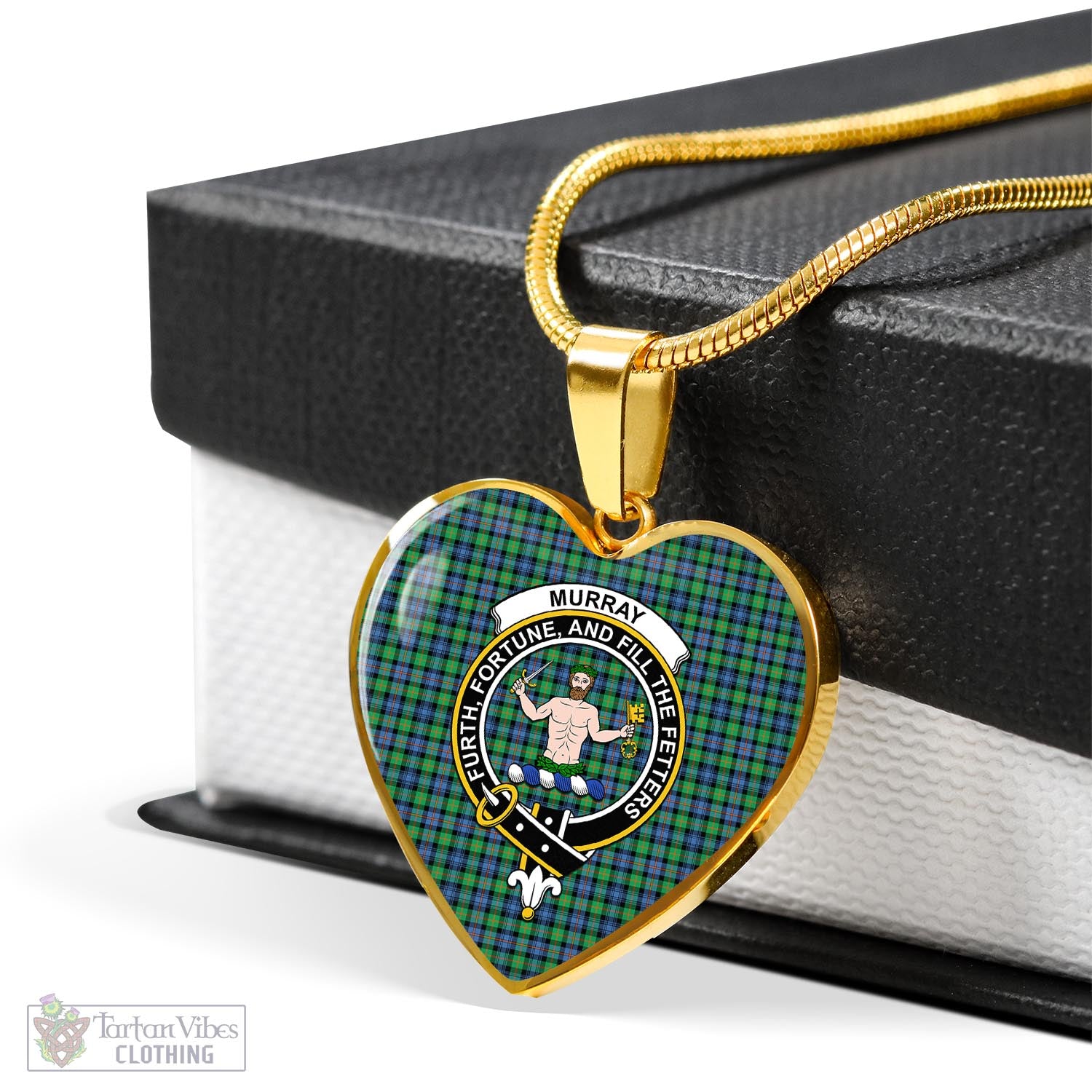 Tartan Vibes Clothing Murray of Atholl Ancient Tartan Heart Necklace with Family Crest