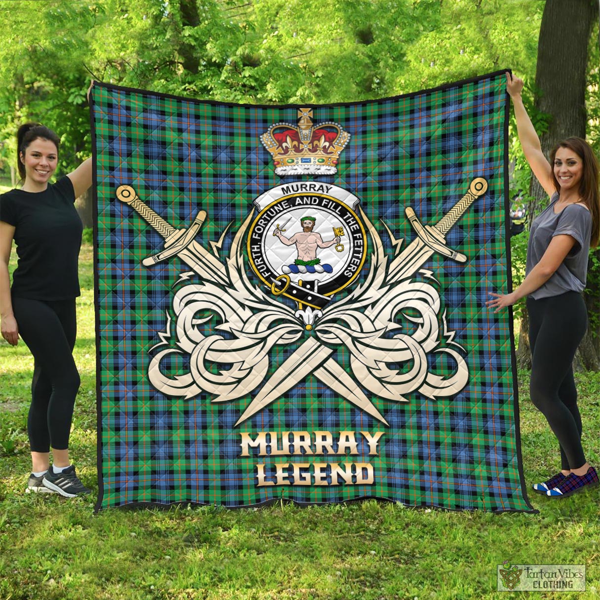 Tartan Vibes Clothing Murray of Atholl Ancient Tartan Quilt with Clan Crest and the Golden Sword of Courageous Legacy