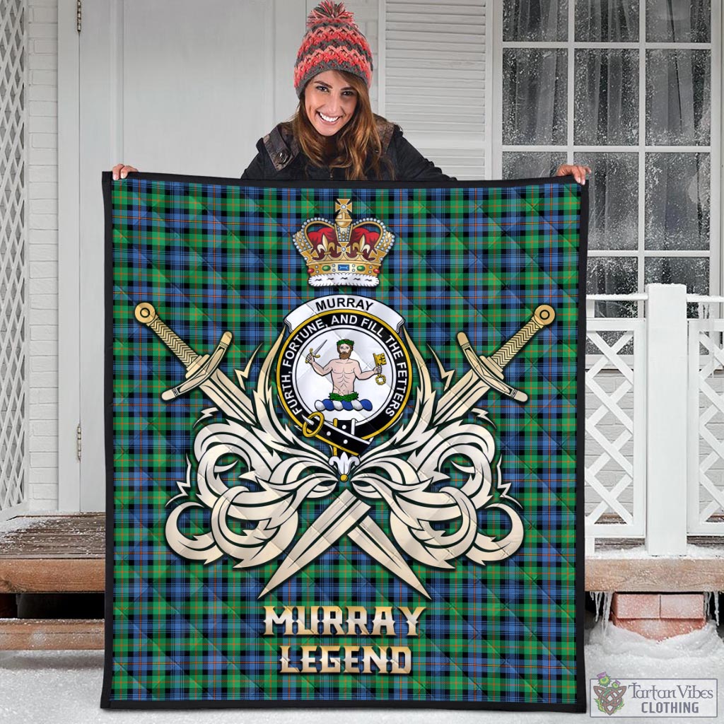 Tartan Vibes Clothing Murray of Atholl Ancient Tartan Quilt with Clan Crest and the Golden Sword of Courageous Legacy