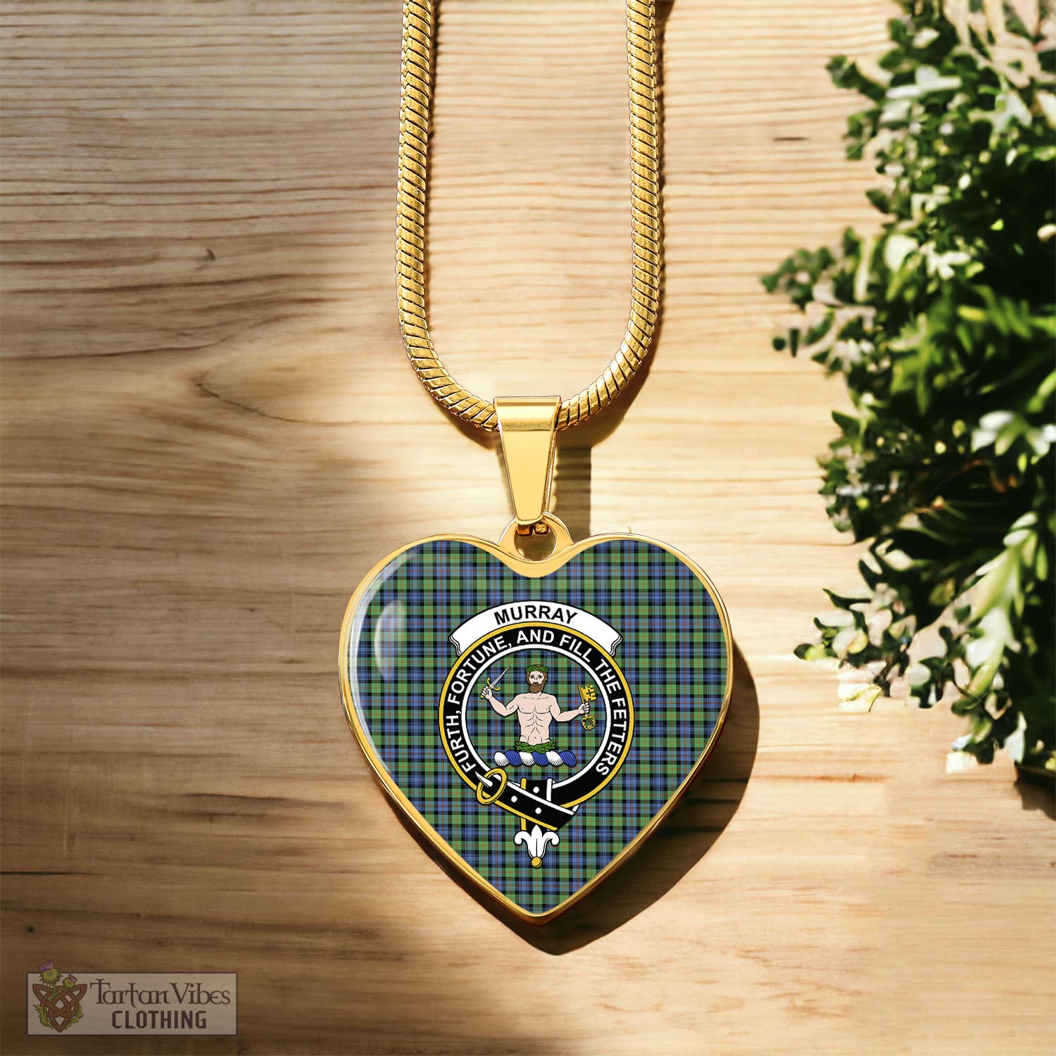 Tartan Vibes Clothing Murray of Atholl Ancient Tartan Heart Necklace with Family Crest