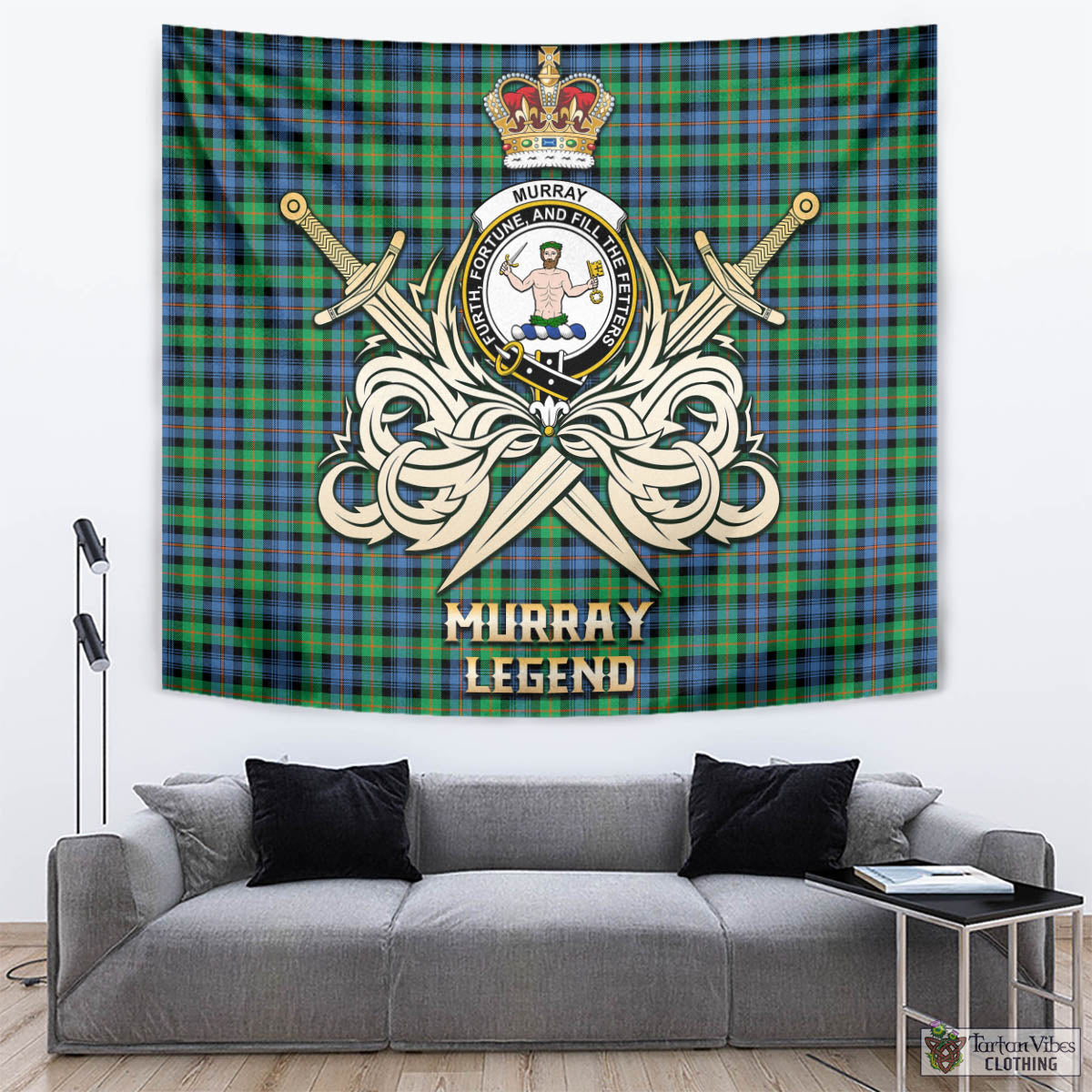 Tartan Vibes Clothing Murray of Atholl Ancient Tartan Tapestry with Clan Crest and the Golden Sword of Courageous Legacy