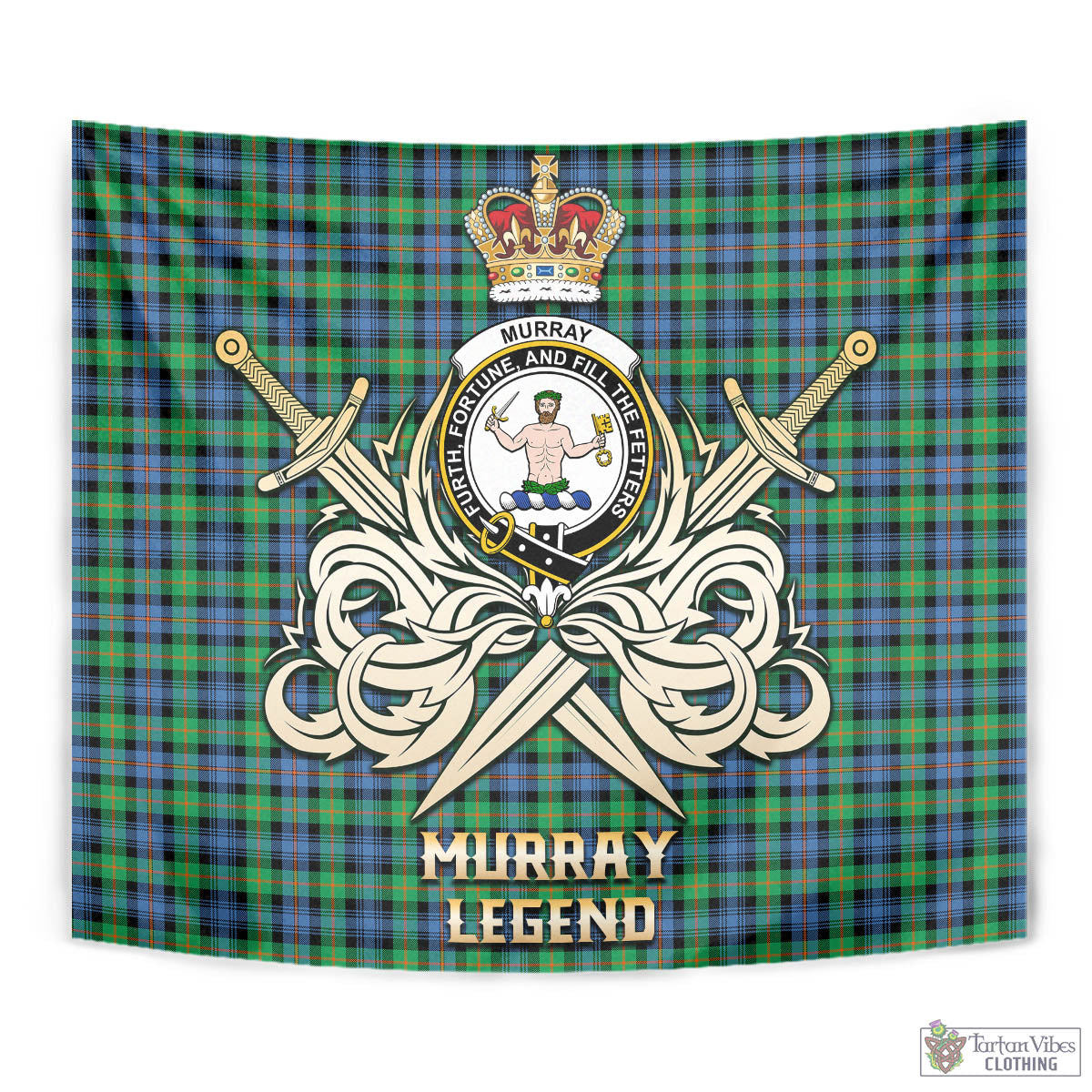 Tartan Vibes Clothing Murray of Atholl Ancient Tartan Tapestry with Clan Crest and the Golden Sword of Courageous Legacy