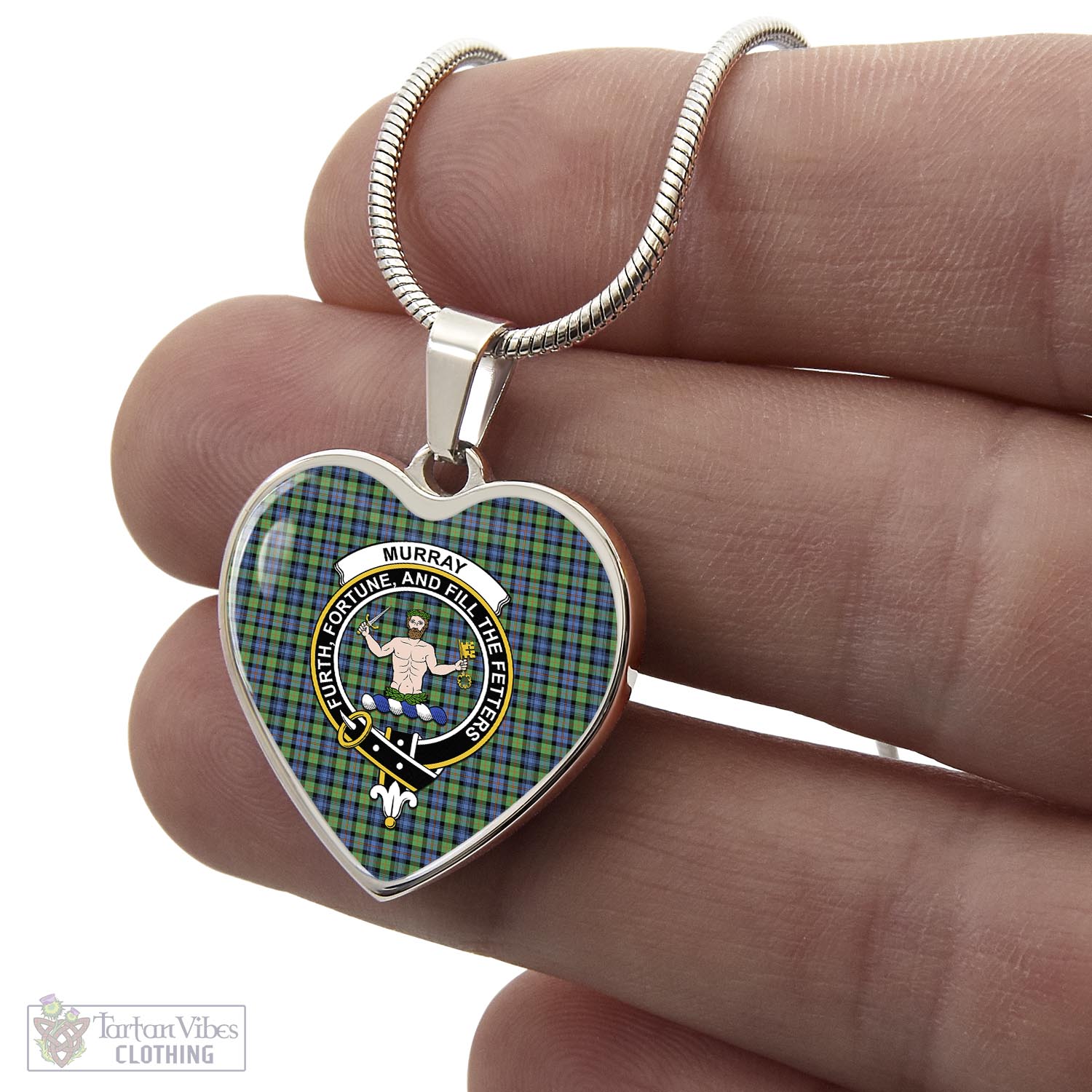 Tartan Vibes Clothing Murray of Atholl Ancient Tartan Heart Necklace with Family Crest