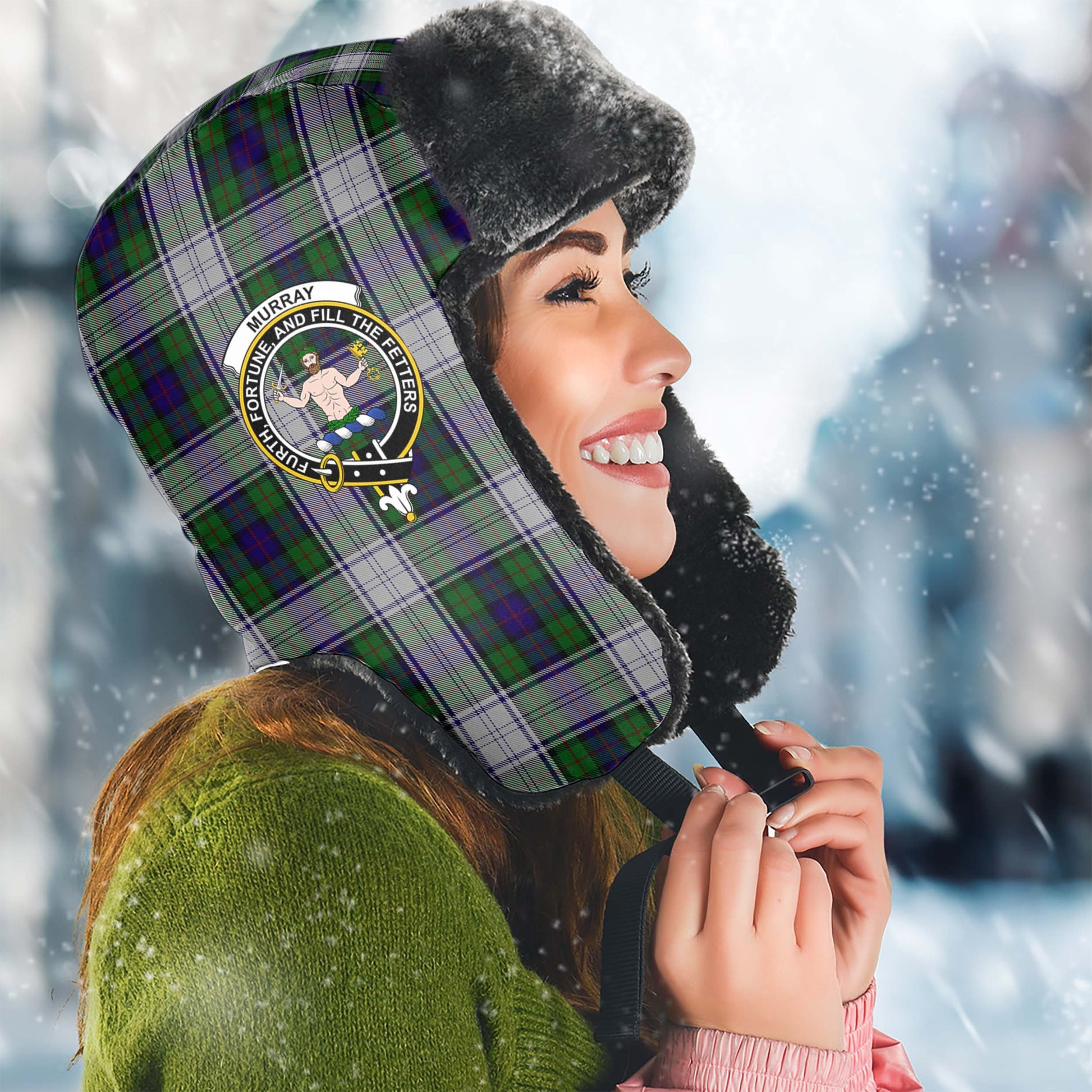 Murray of Atholl Dress Tartan Winter Trapper Hat with Family Crest Winter Trapper Hat Universal Fit Circumference 22.8in (58cm) - Tartanvibesclothing