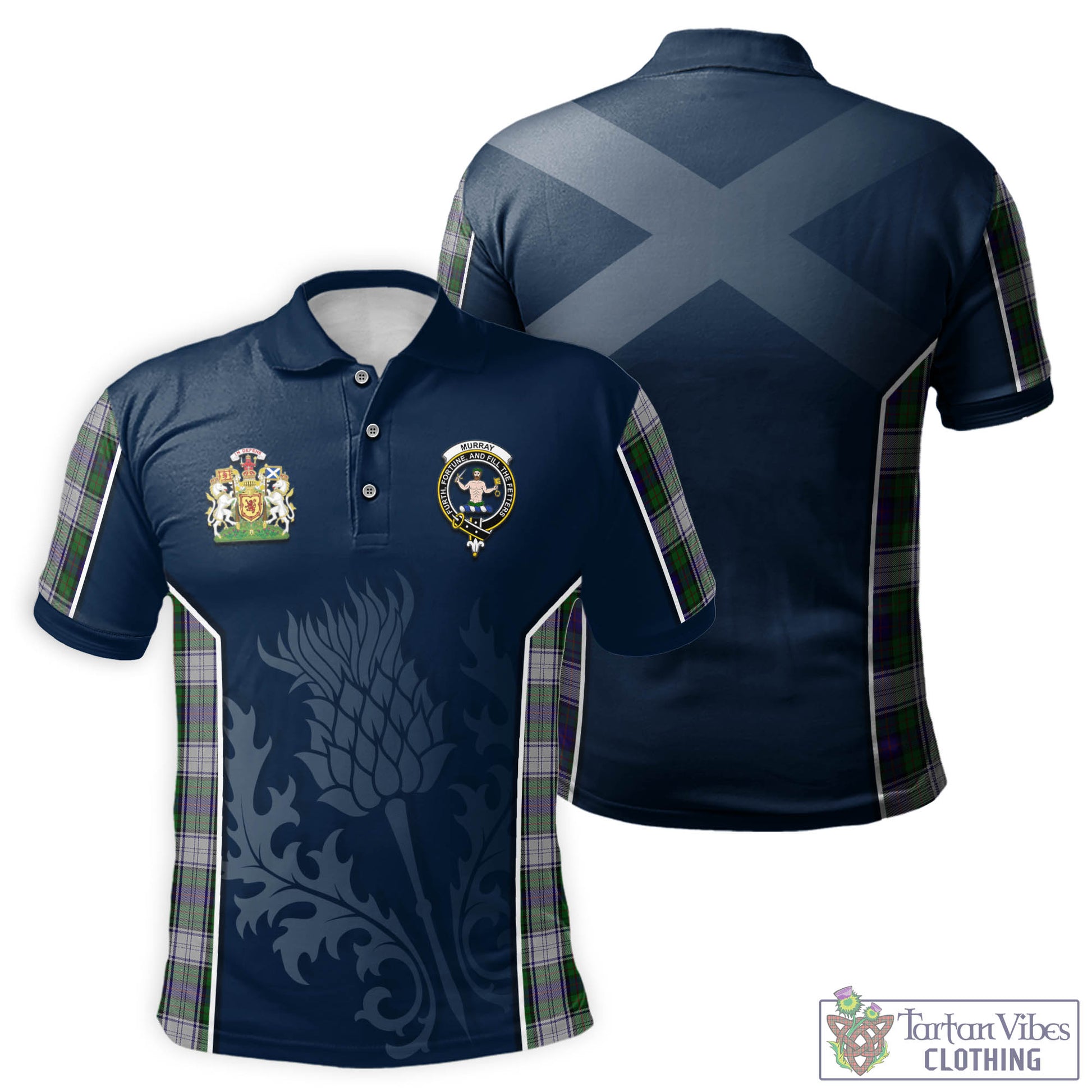 Tartan Vibes Clothing Murray of Atholl Dress Tartan Men's Polo Shirt with Family Crest and Scottish Thistle Vibes Sport Style