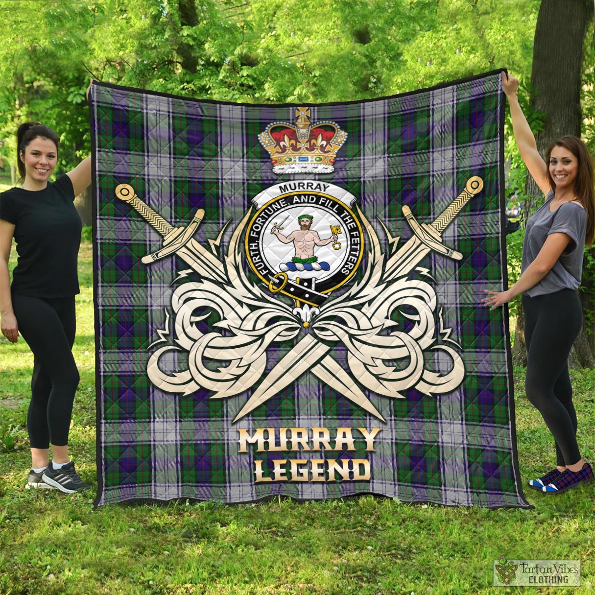 Tartan Vibes Clothing Murray of Atholl Dress Tartan Quilt with Clan Crest and the Golden Sword of Courageous Legacy