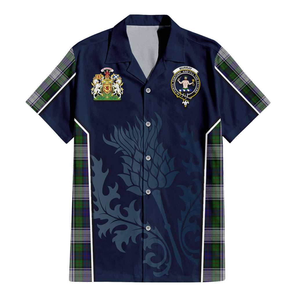 Tartan Vibes Clothing Murray of Atholl Dress Tartan Short Sleeve Button Up Shirt with Family Crest and Scottish Thistle Vibes Sport Style