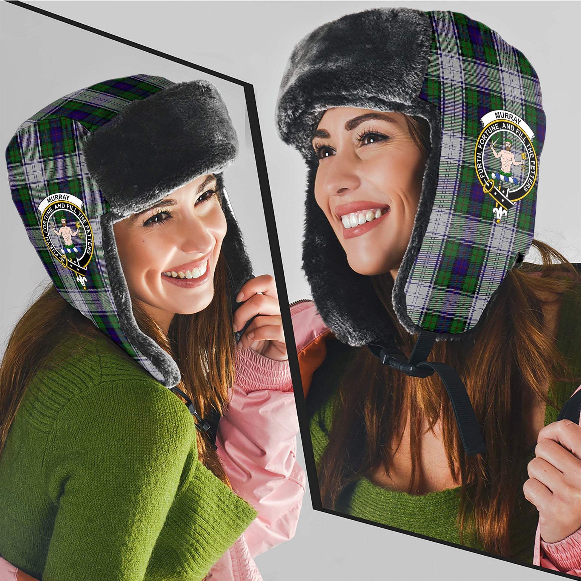 Murray of Atholl Dress Tartan Winter Trapper Hat with Family Crest - Tartanvibesclothing