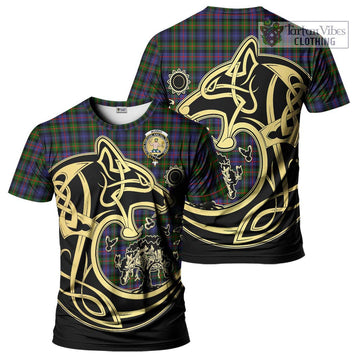 Murray of Atholl Modern Tartan T-Shirt with Family Crest Celtic Wolf Style