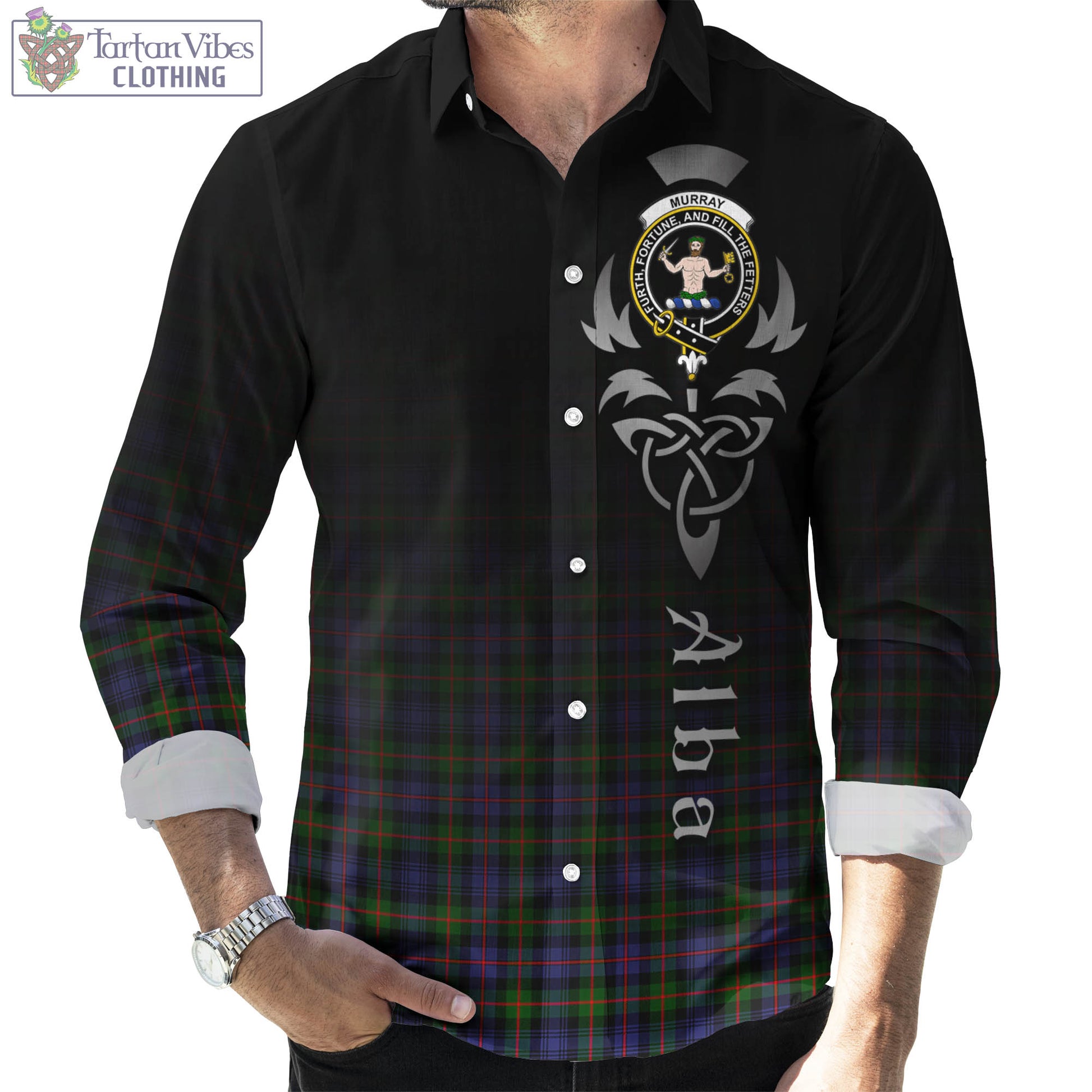 Tartan Vibes Clothing Murray of Atholl Modern Tartan Long Sleeve Button Up Featuring Alba Gu Brath Family Crest Celtic Inspired