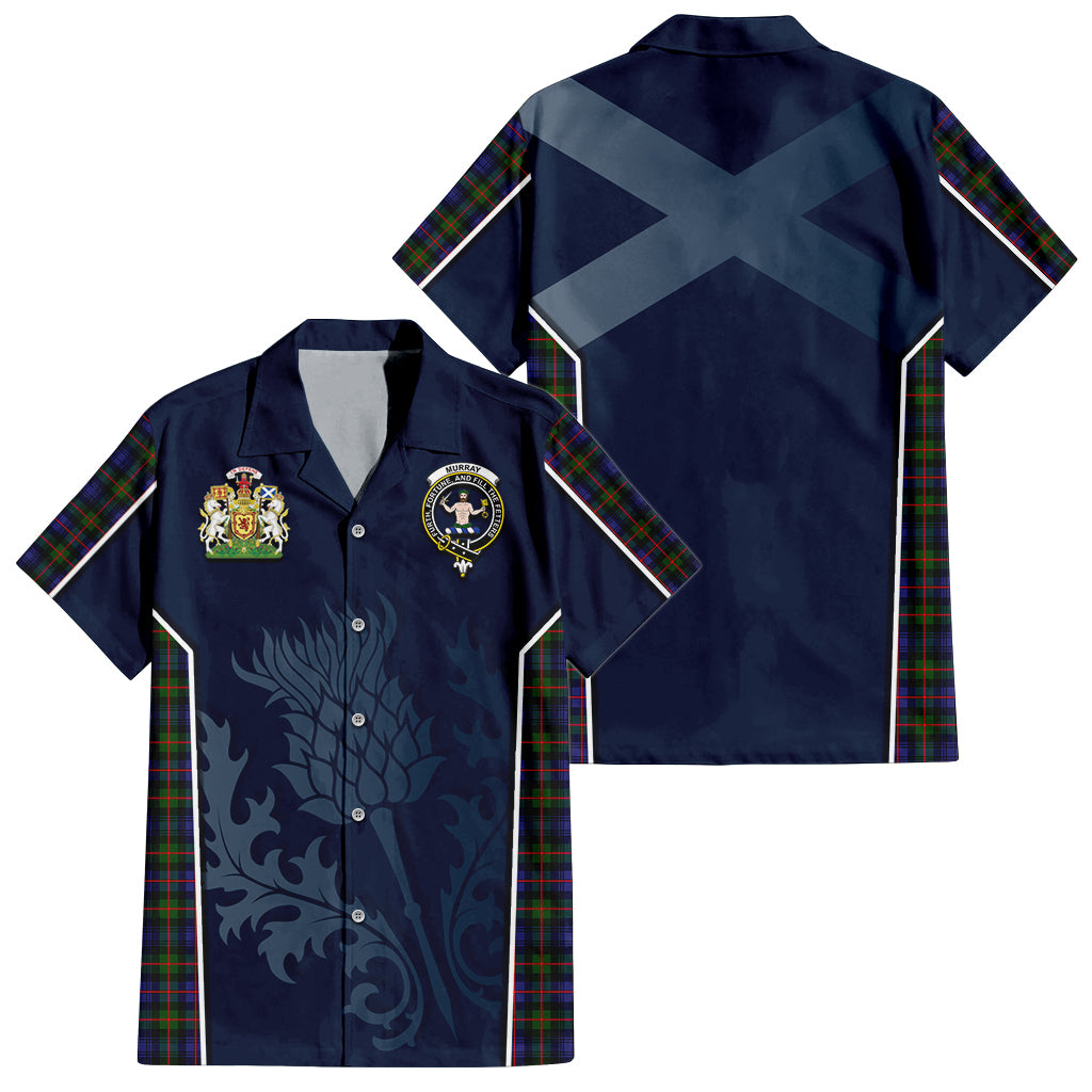 Tartan Vibes Clothing Murray of Atholl Modern Tartan Short Sleeve Button Up Shirt with Family Crest and Scottish Thistle Vibes Sport Style