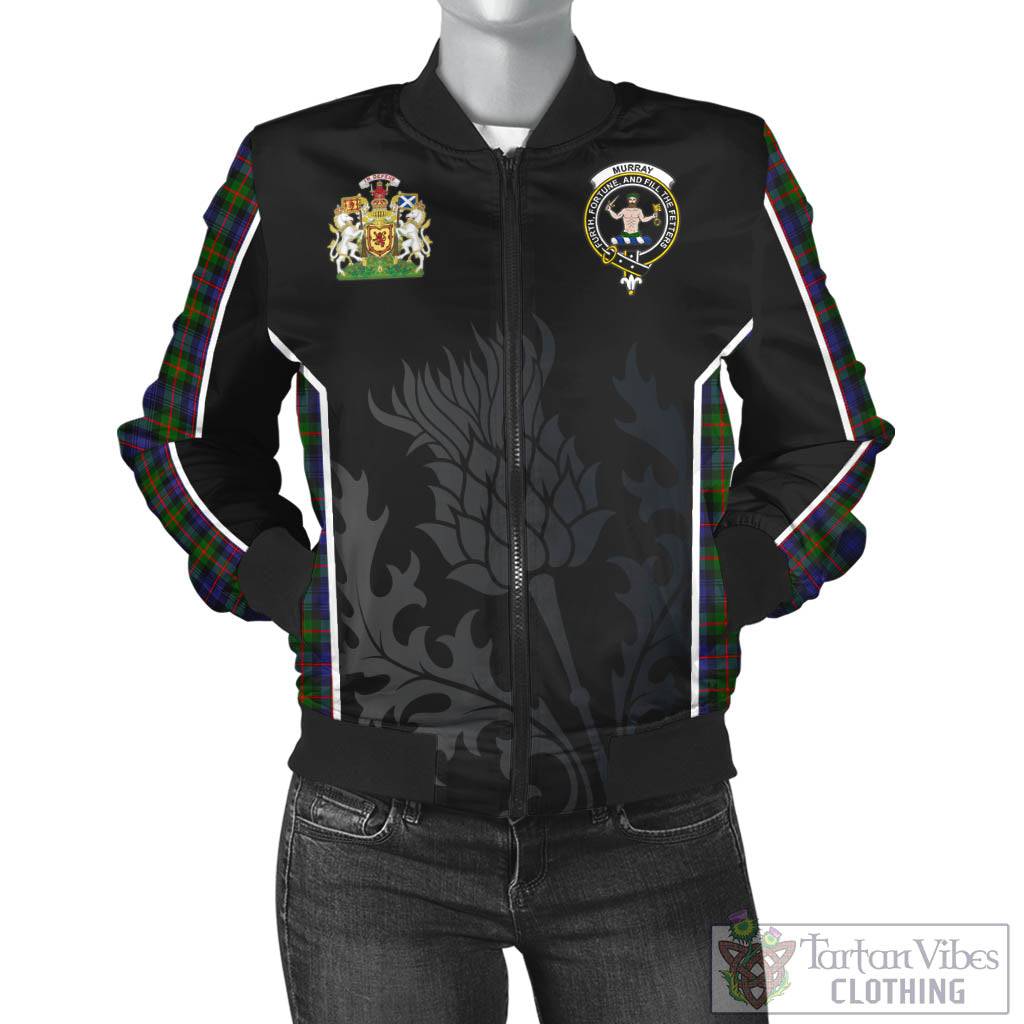 Tartan Vibes Clothing Murray of Atholl Modern Tartan Bomber Jacket with Family Crest and Scottish Thistle Vibes Sport Style