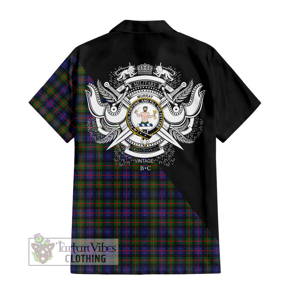 Murray of Atholl Modern Tartan Short Sleeve Button Shirt with Family Crest and Military Logo Style - Tartanvibesclothing Shop