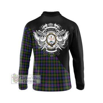 Murray of Atholl Modern Tartan Long Sleeve Polo Shirt with Family Crest and Military Logo Style