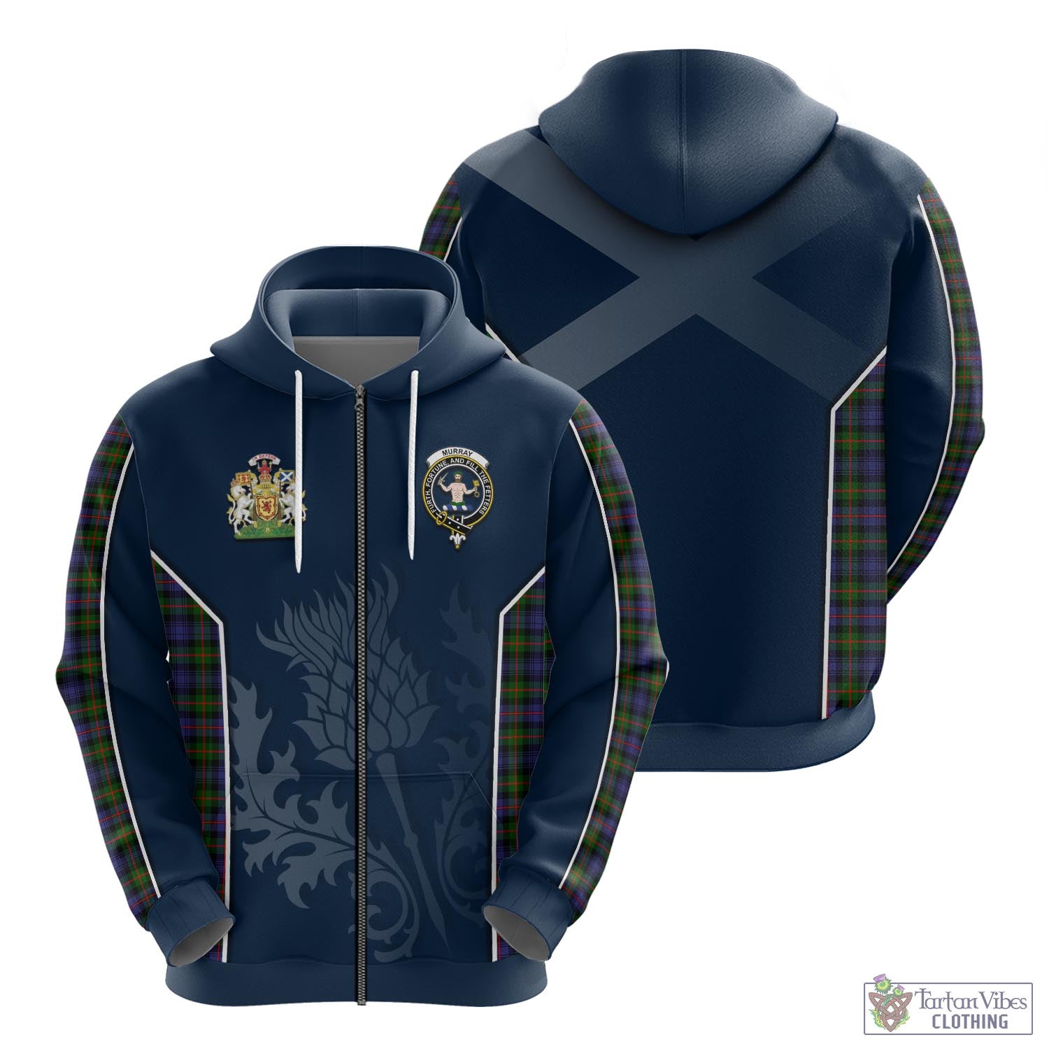 Tartan Vibes Clothing Murray of Atholl Modern Tartan Hoodie with Family Crest and Scottish Thistle Vibes Sport Style