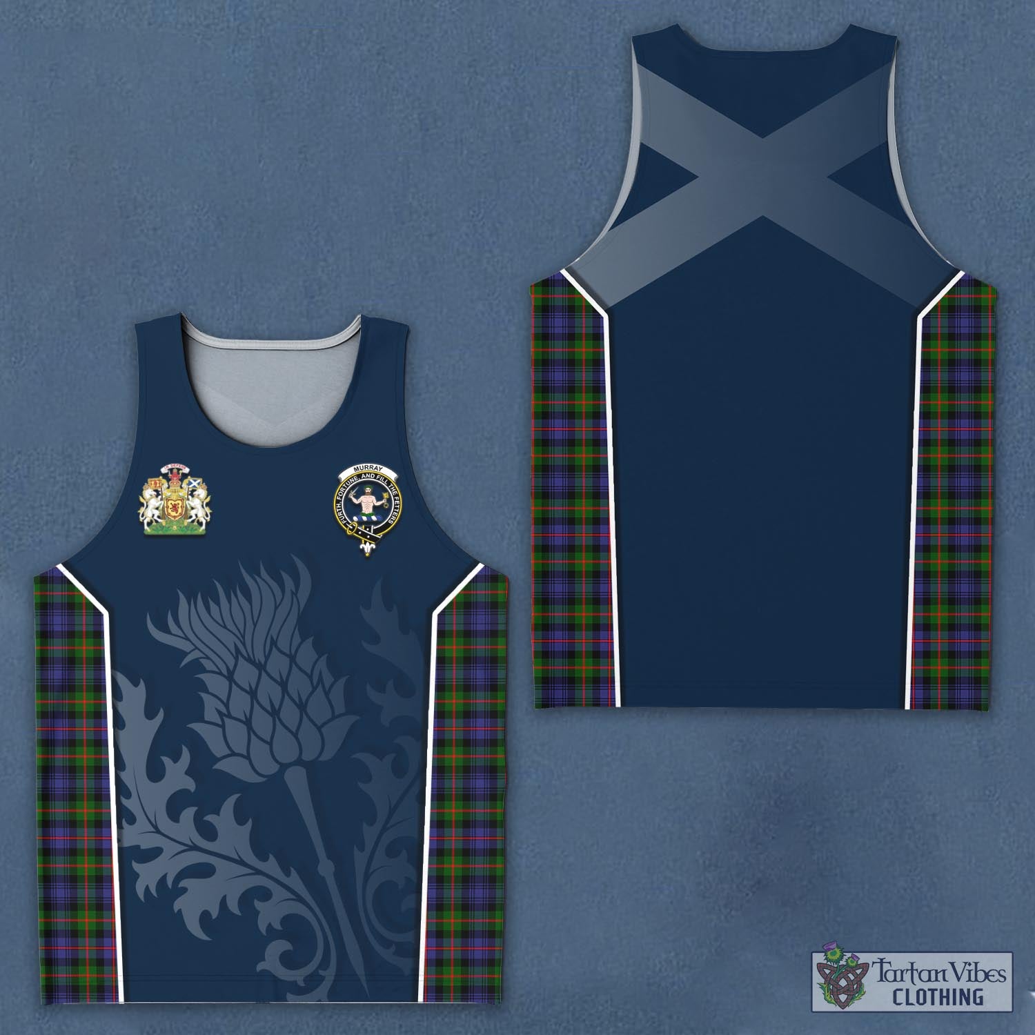 Tartan Vibes Clothing Murray of Atholl Modern Tartan Men's Tanks Top with Family Crest and Scottish Thistle Vibes Sport Style