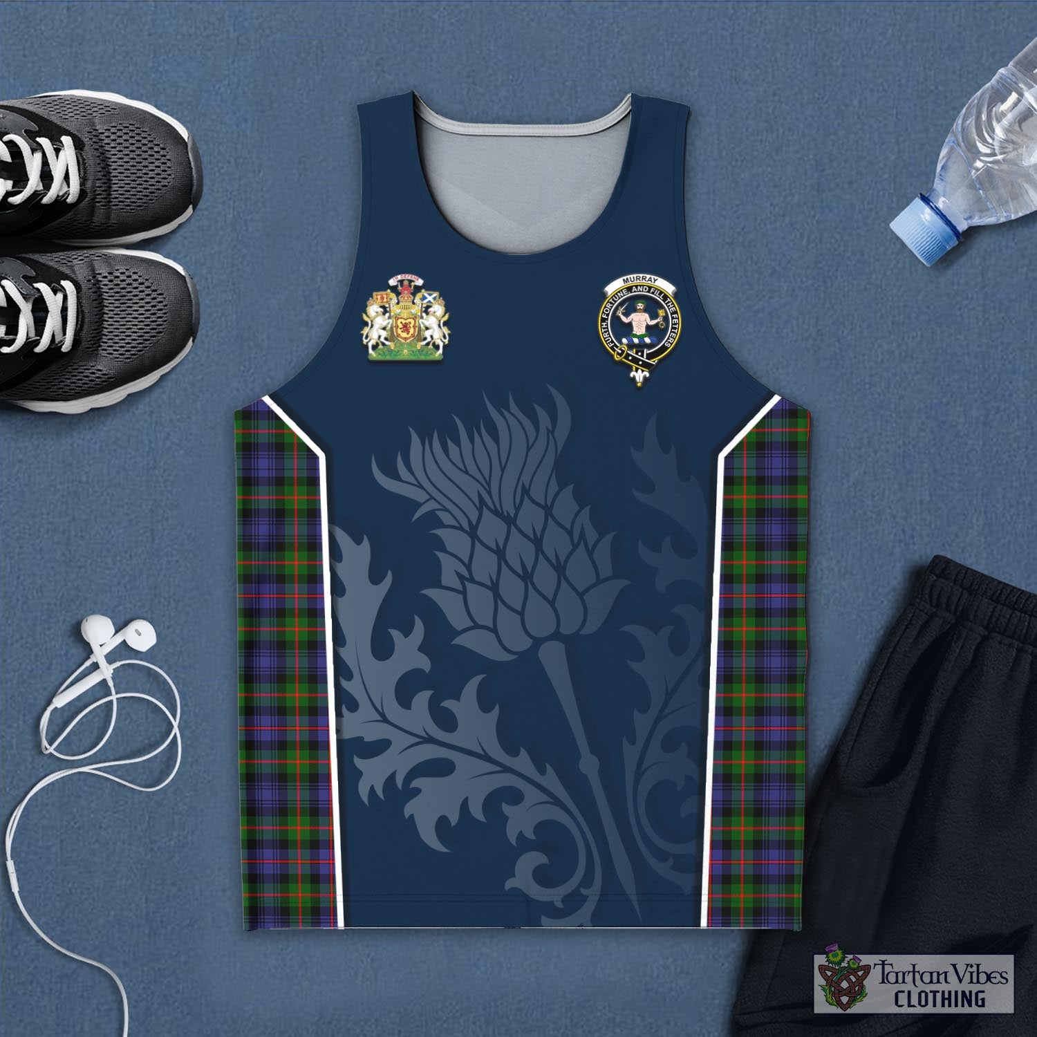 Tartan Vibes Clothing Murray of Atholl Modern Tartan Men's Tanks Top with Family Crest and Scottish Thistle Vibes Sport Style