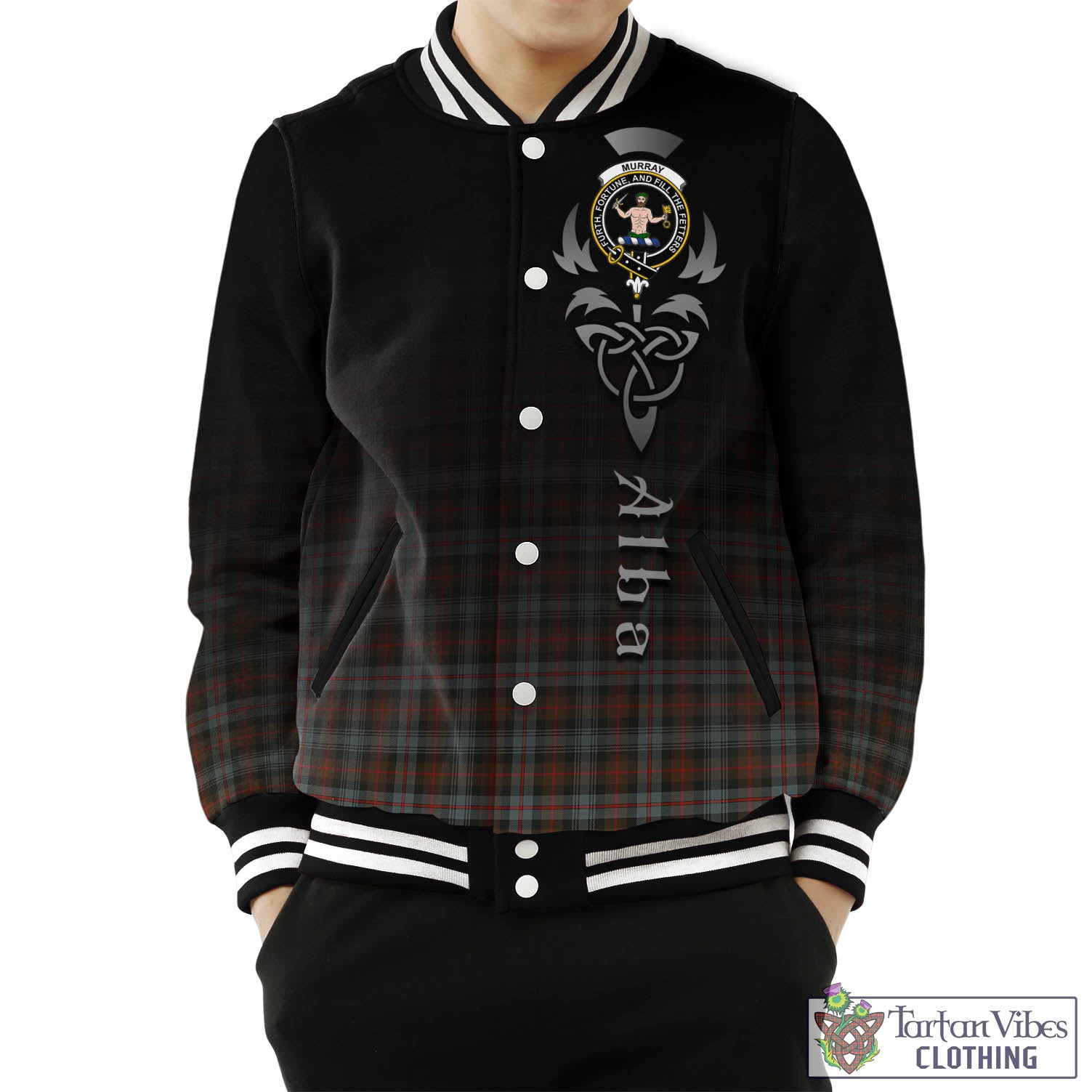 Tartan Vibes Clothing Murray of Atholl Weathered Tartan Baseball Jacket Featuring Alba Gu Brath Family Crest Celtic Inspired