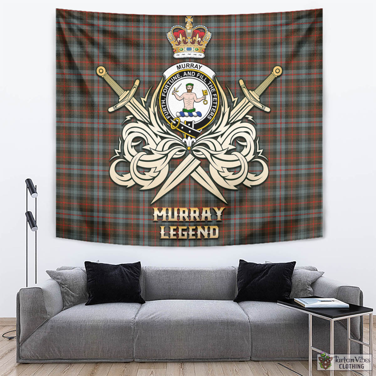 Tartan Vibes Clothing Murray of Atholl Weathered Tartan Tapestry with Clan Crest and the Golden Sword of Courageous Legacy