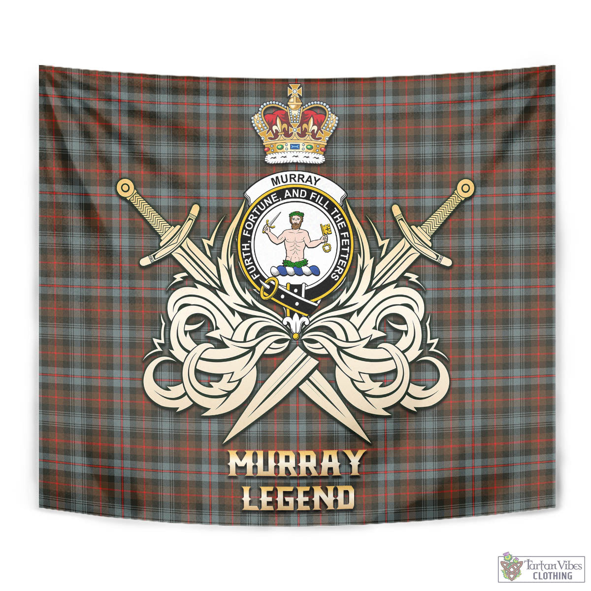 Tartan Vibes Clothing Murray of Atholl Weathered Tartan Tapestry with Clan Crest and the Golden Sword of Courageous Legacy