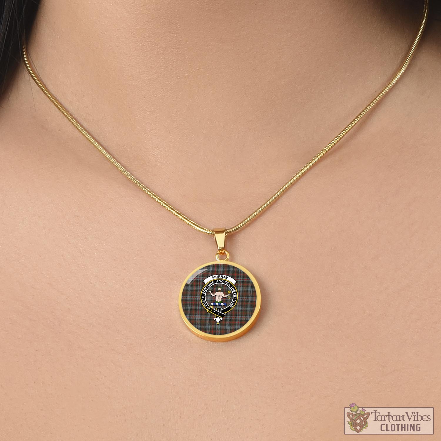 Tartan Vibes Clothing Murray of Atholl Weathered Tartan Circle Necklace with Family Crest