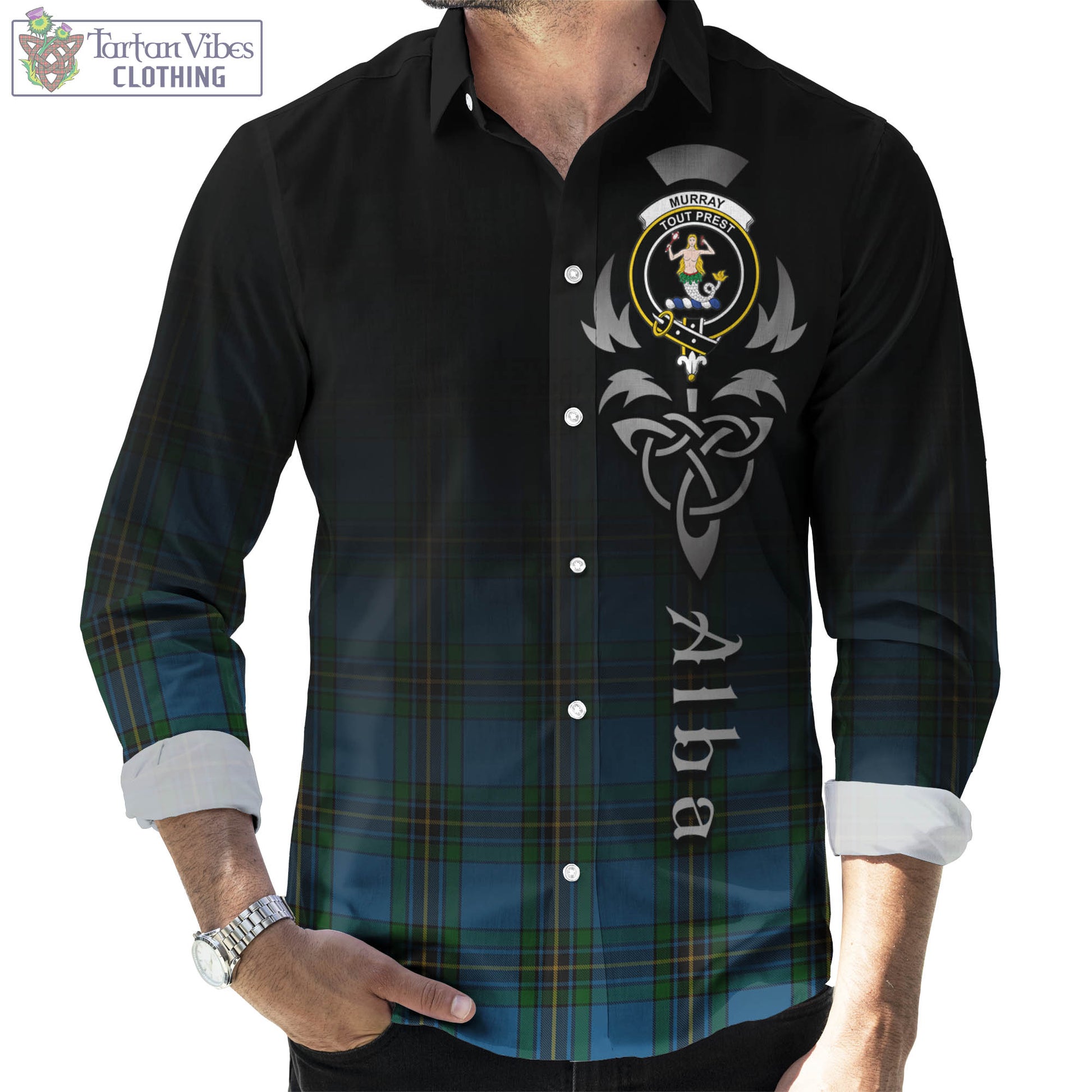 Tartan Vibes Clothing Murray of Elibank Tartan Long Sleeve Button Up Featuring Alba Gu Brath Family Crest Celtic Inspired