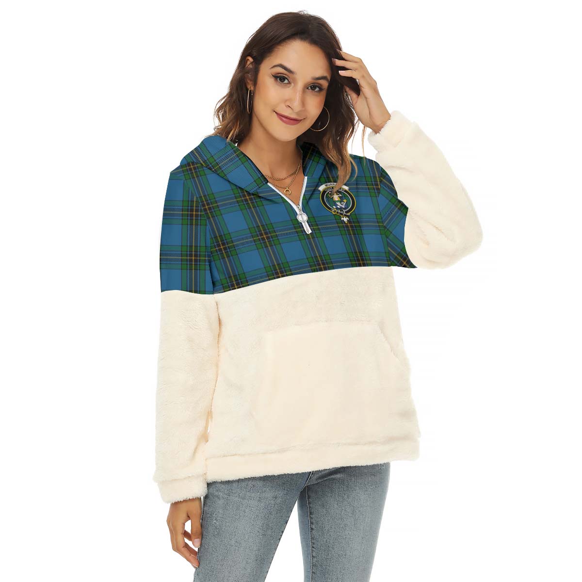 Murray of Elibank Tartan Women's Borg Fleece Hoodie With Half Zip with Family Crest Female - Tartan Vibes Clothing