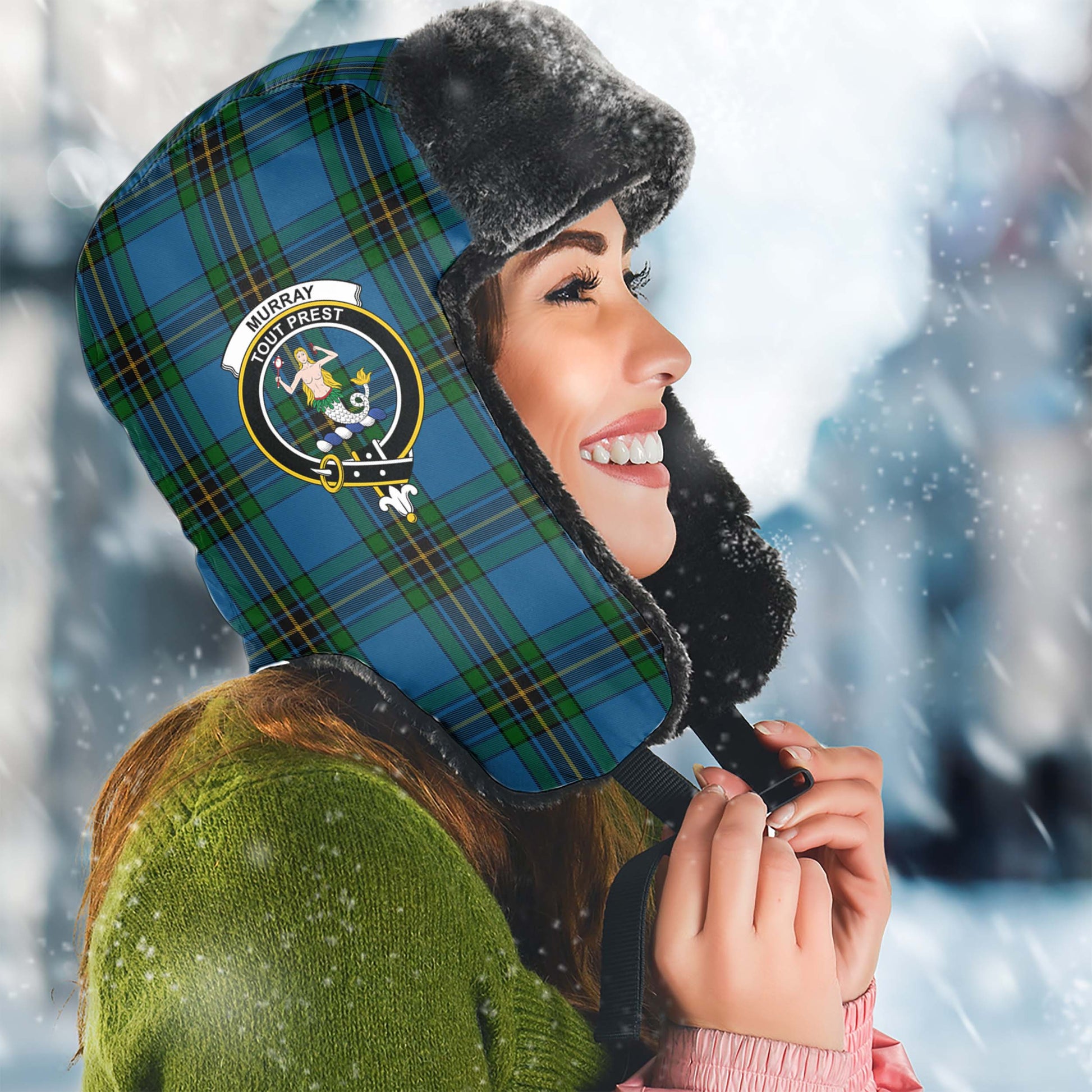 Murray of Elibank Tartan Winter Trapper Hat with Family Crest Winter Trapper Hat Universal Fit Circumference 22.8in (58cm) - Tartanvibesclothing