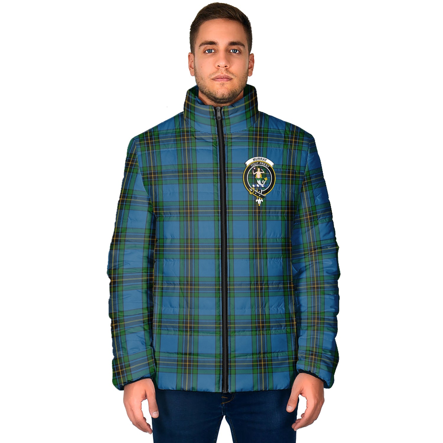 Murray of Elibank Tartan Padded Jacket with Family Crest - Tartan Vibes Clothing