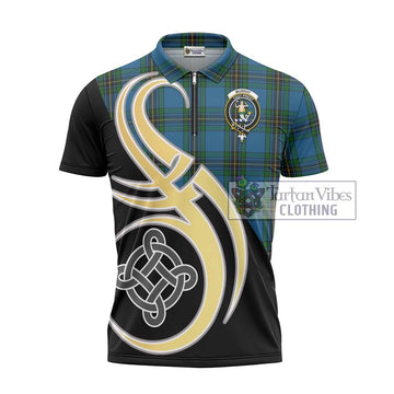 Murray of Elibank Tartan Zipper Polo Shirt with Family Crest and Celtic Symbol Style