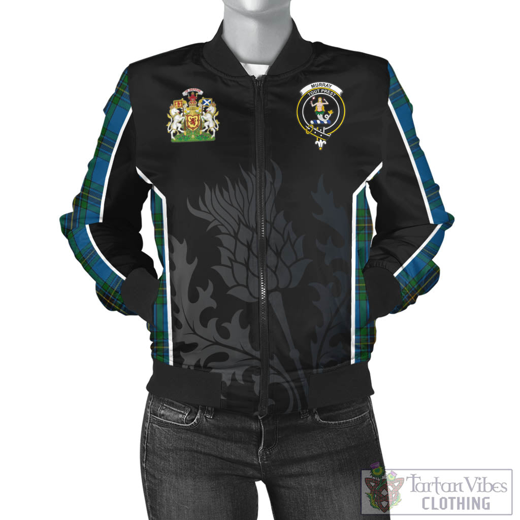 Tartan Vibes Clothing Murray of Elibank Tartan Bomber Jacket with Family Crest and Scottish Thistle Vibes Sport Style