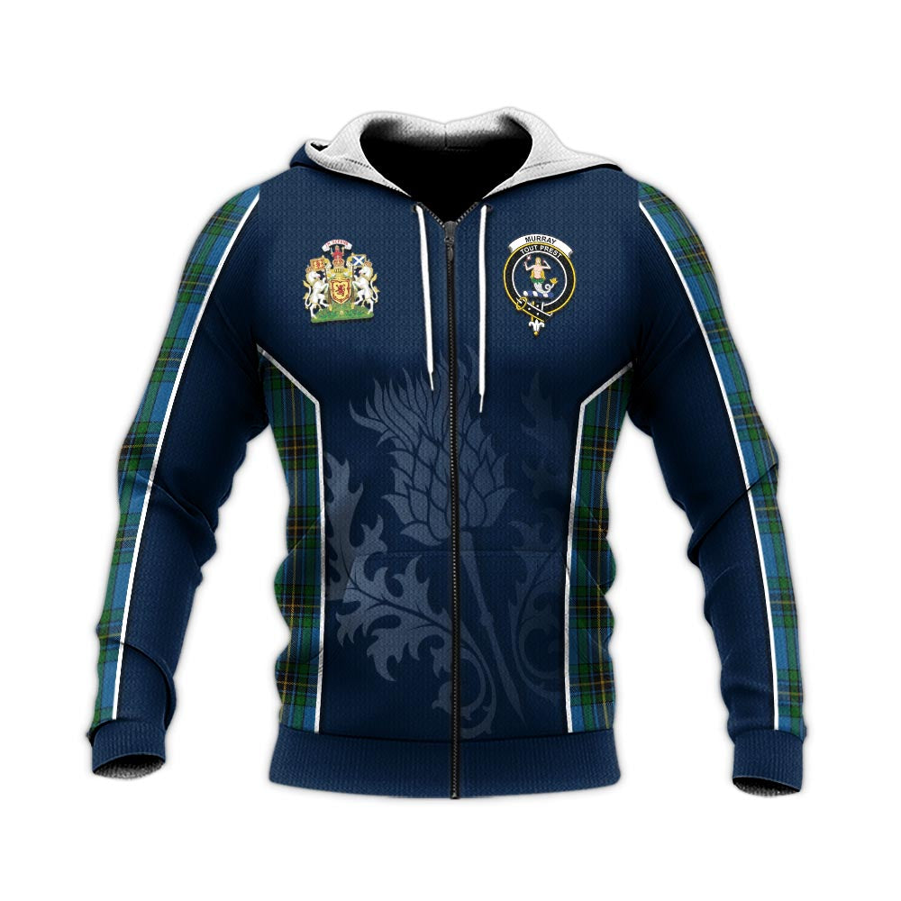 Tartan Vibes Clothing Murray of Elibank Tartan Knitted Hoodie with Family Crest and Scottish Thistle Vibes Sport Style