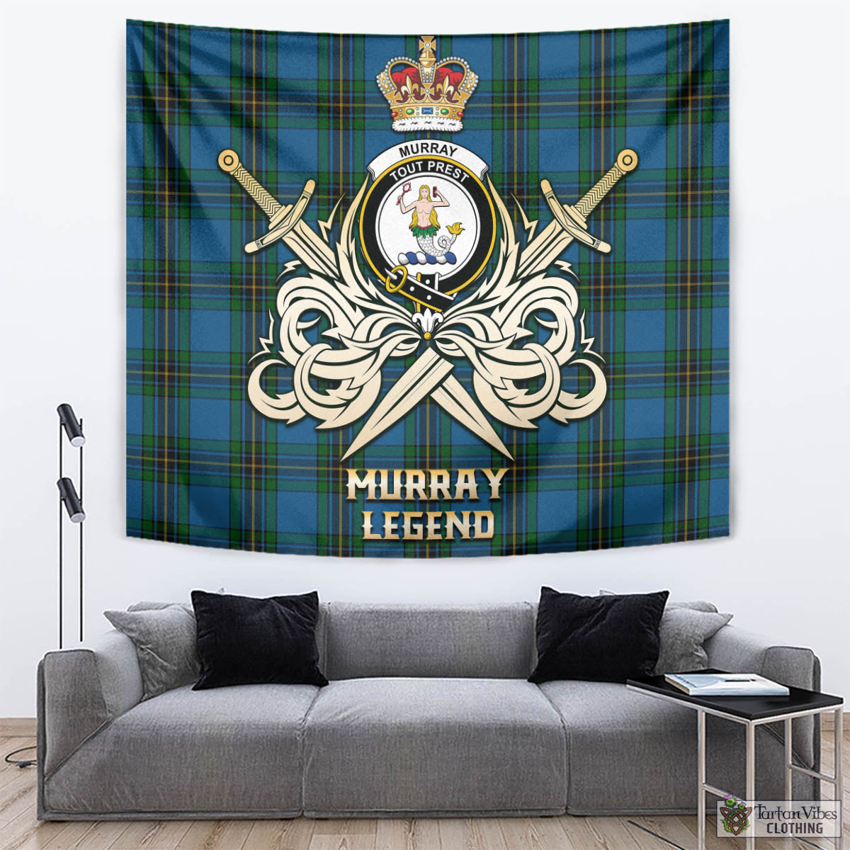 Tartan Vibes Clothing Murray of Elibank Tartan Tapestry with Clan Crest and the Golden Sword of Courageous Legacy