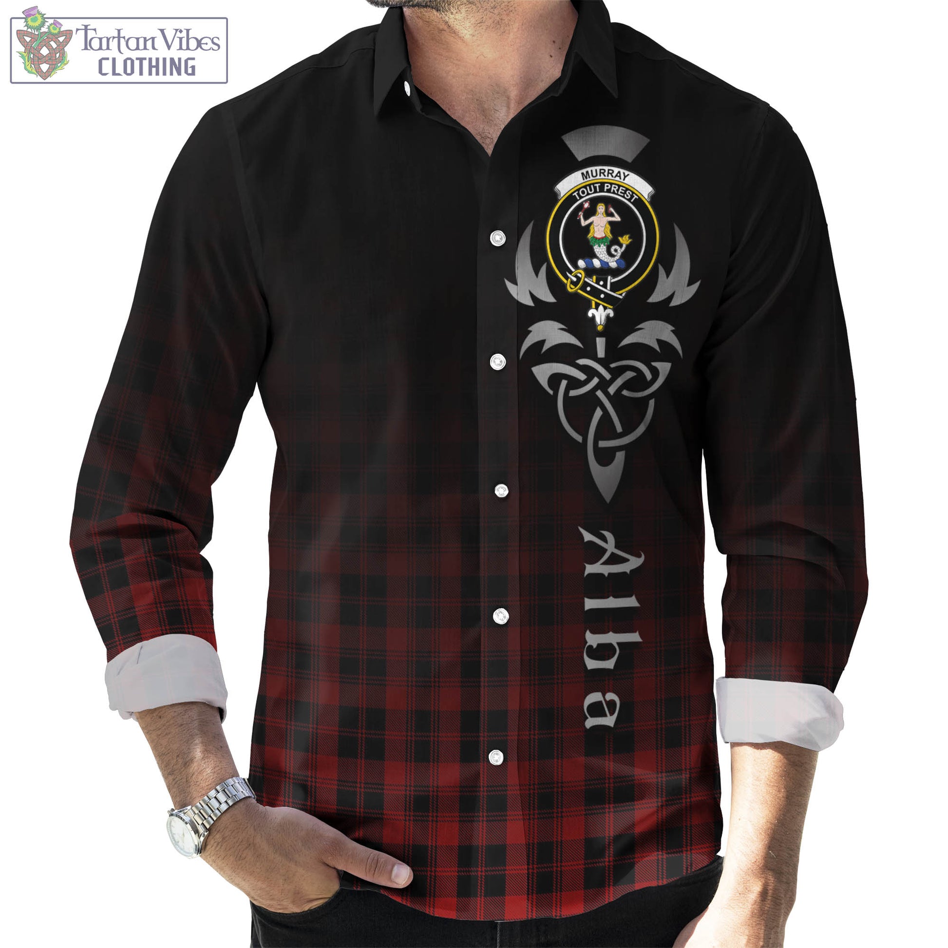 Tartan Vibes Clothing Murray of Ochtertyre Tartan Long Sleeve Button Up Featuring Alba Gu Brath Family Crest Celtic Inspired