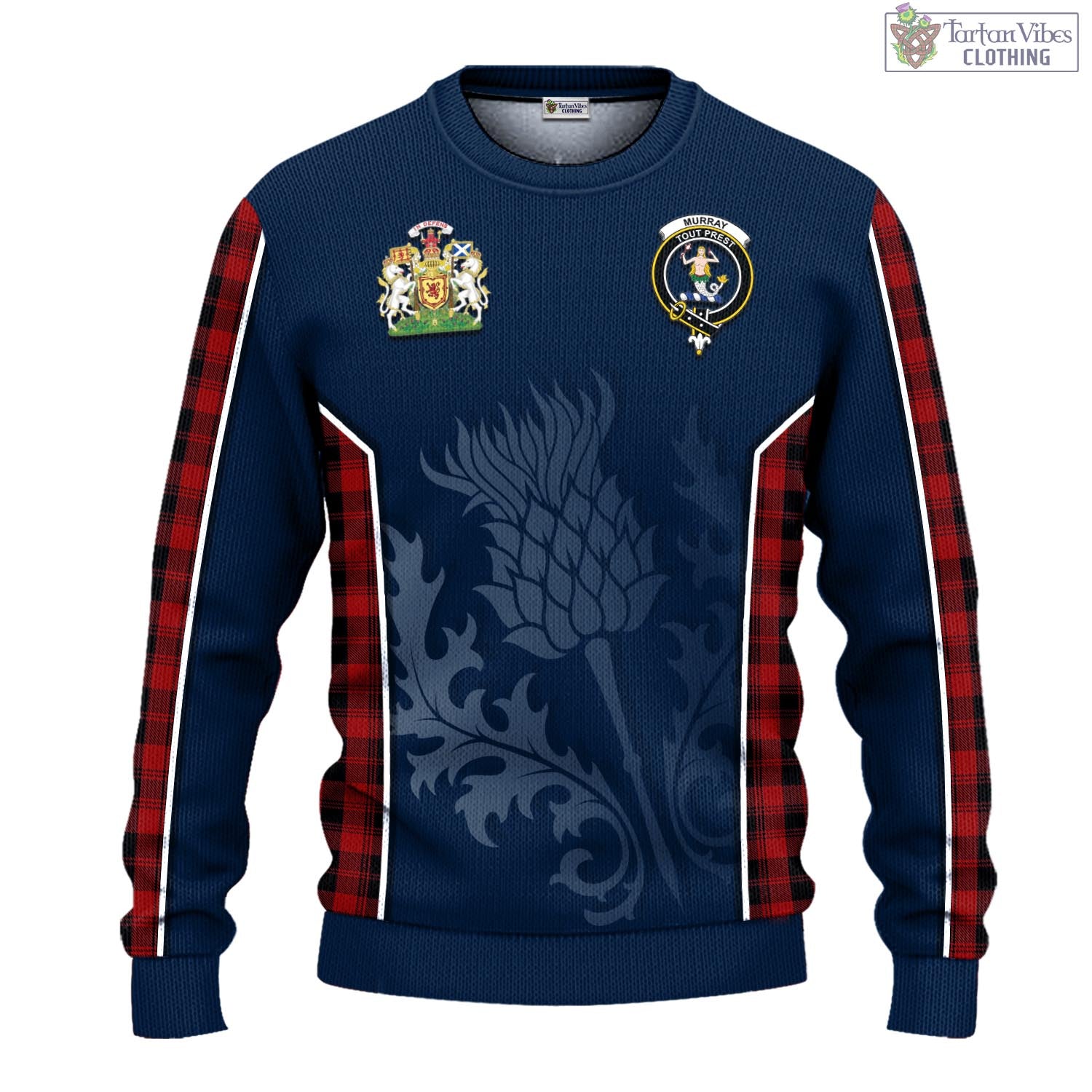 Tartan Vibes Clothing Murray of Ochtertyre Tartan Knitted Sweatshirt with Family Crest and Scottish Thistle Vibes Sport Style