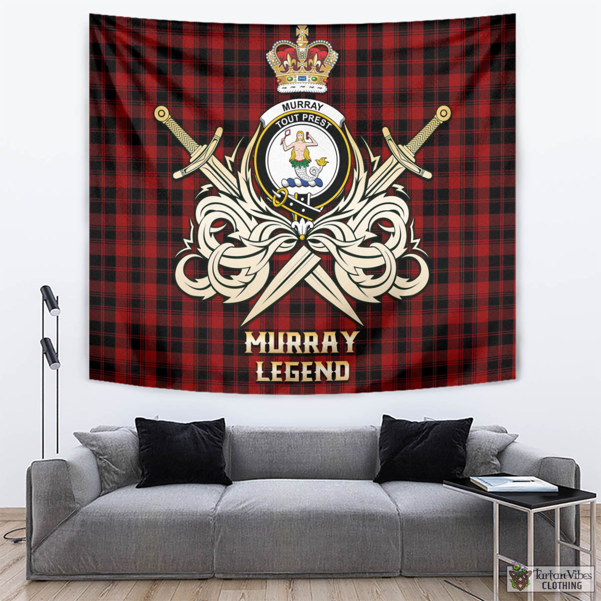 Tartan Vibes Clothing Murray of Ochtertyre Tartan Tapestry with Clan Crest and the Golden Sword of Courageous Legacy