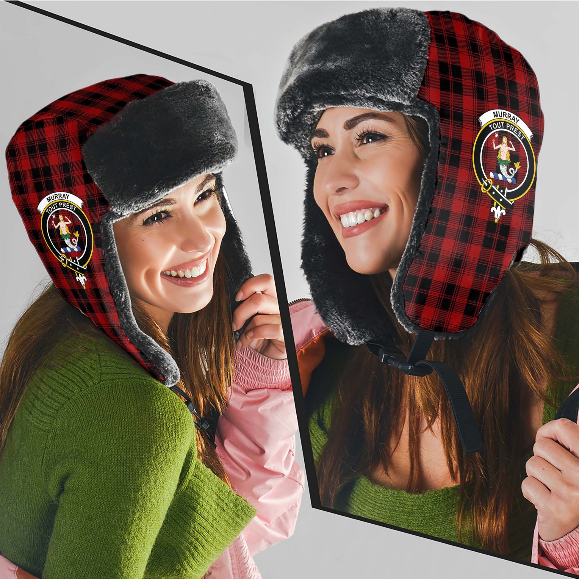 Murray of Ochtertyre Tartan Winter Trapper Hat with Family Crest - Tartanvibesclothing