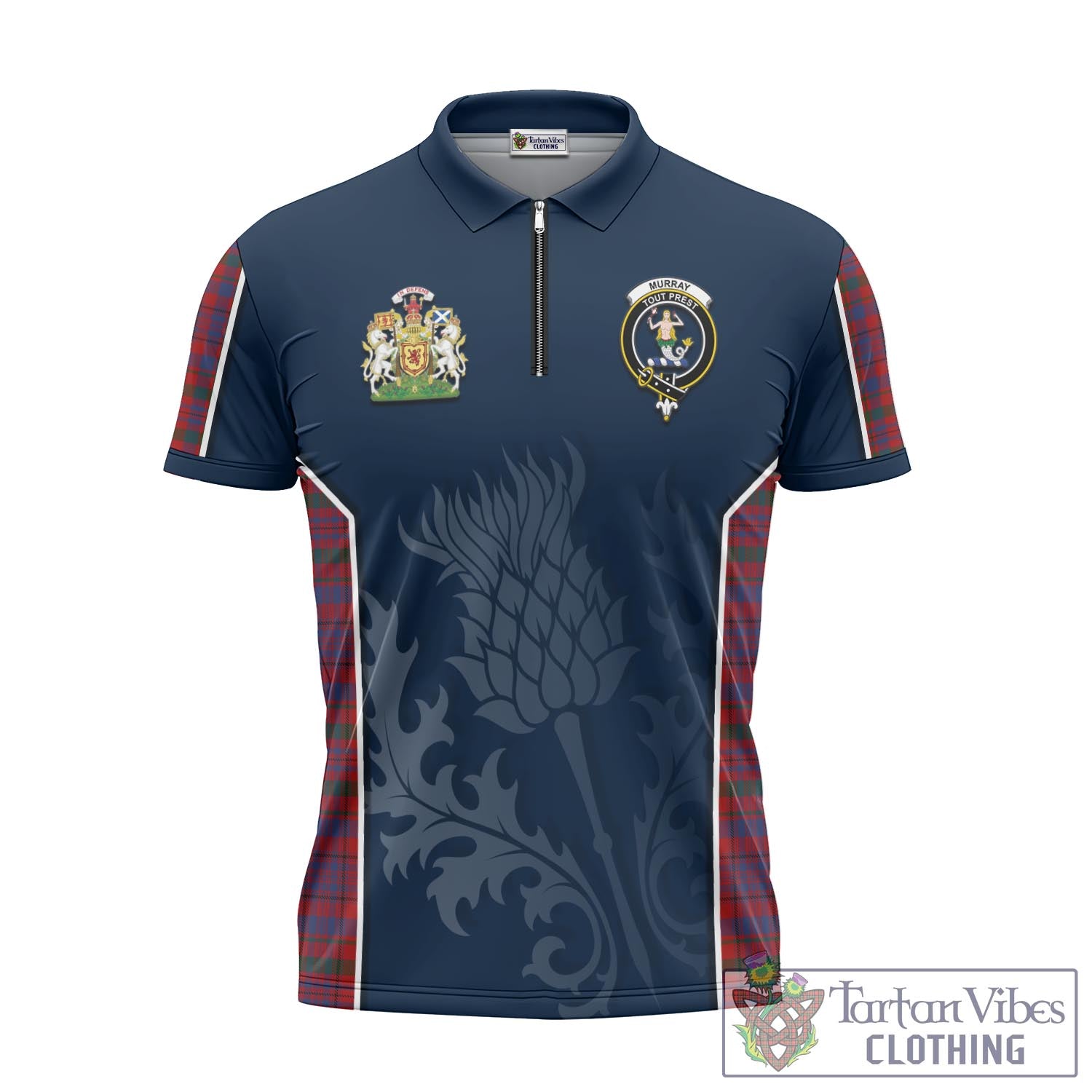 Tartan Vibes Clothing Murray of Tullibardine Tartan Zipper Polo Shirt with Family Crest and Scottish Thistle Vibes Sport Style