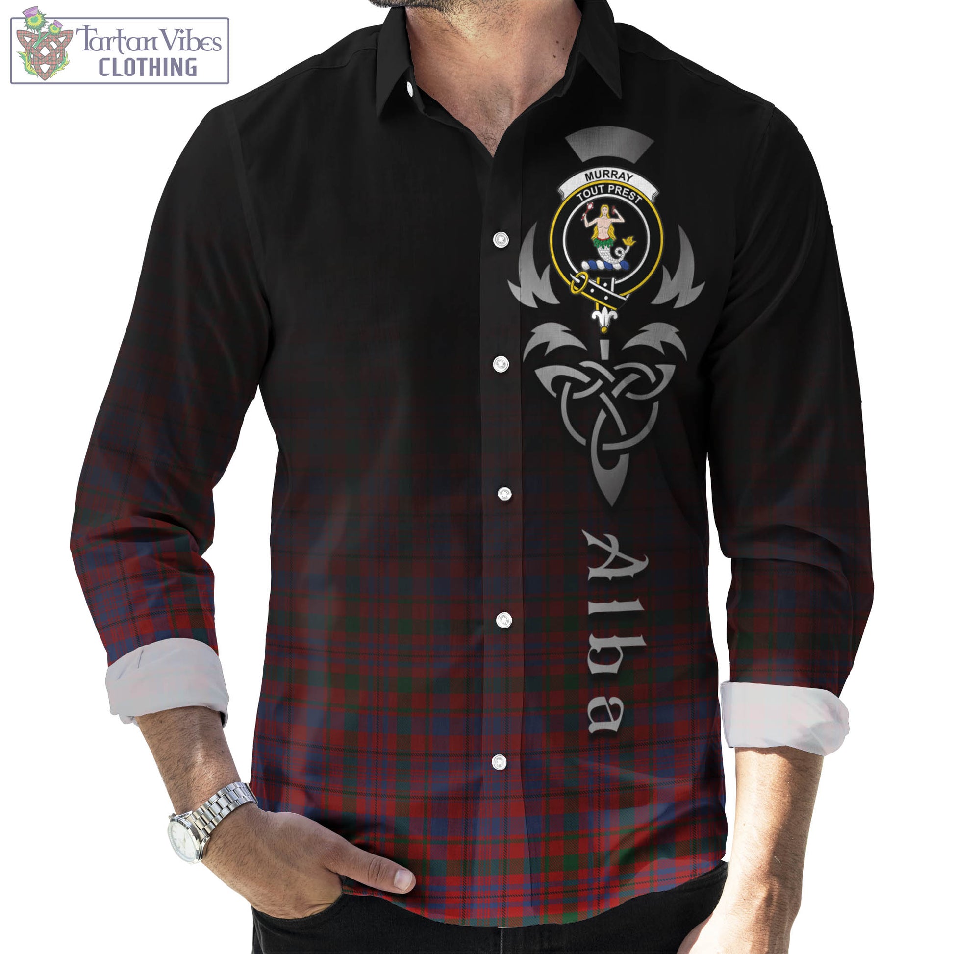 Tartan Vibes Clothing Murray of Tullibardine Tartan Long Sleeve Button Up Featuring Alba Gu Brath Family Crest Celtic Inspired