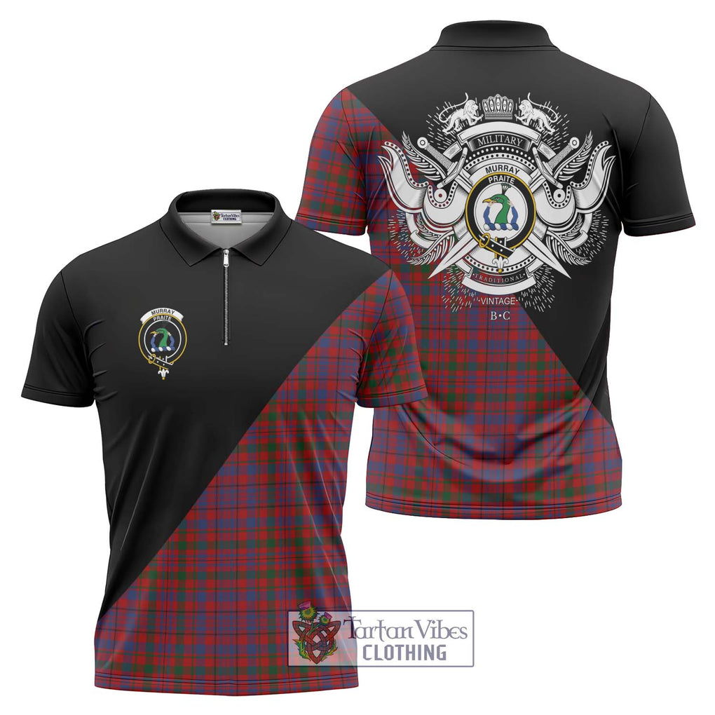 Murray of Tullibardine Tartan Zipper Polo Shirt with Family Crest and Military Logo Style Unisex - Tartanvibesclothing Shop