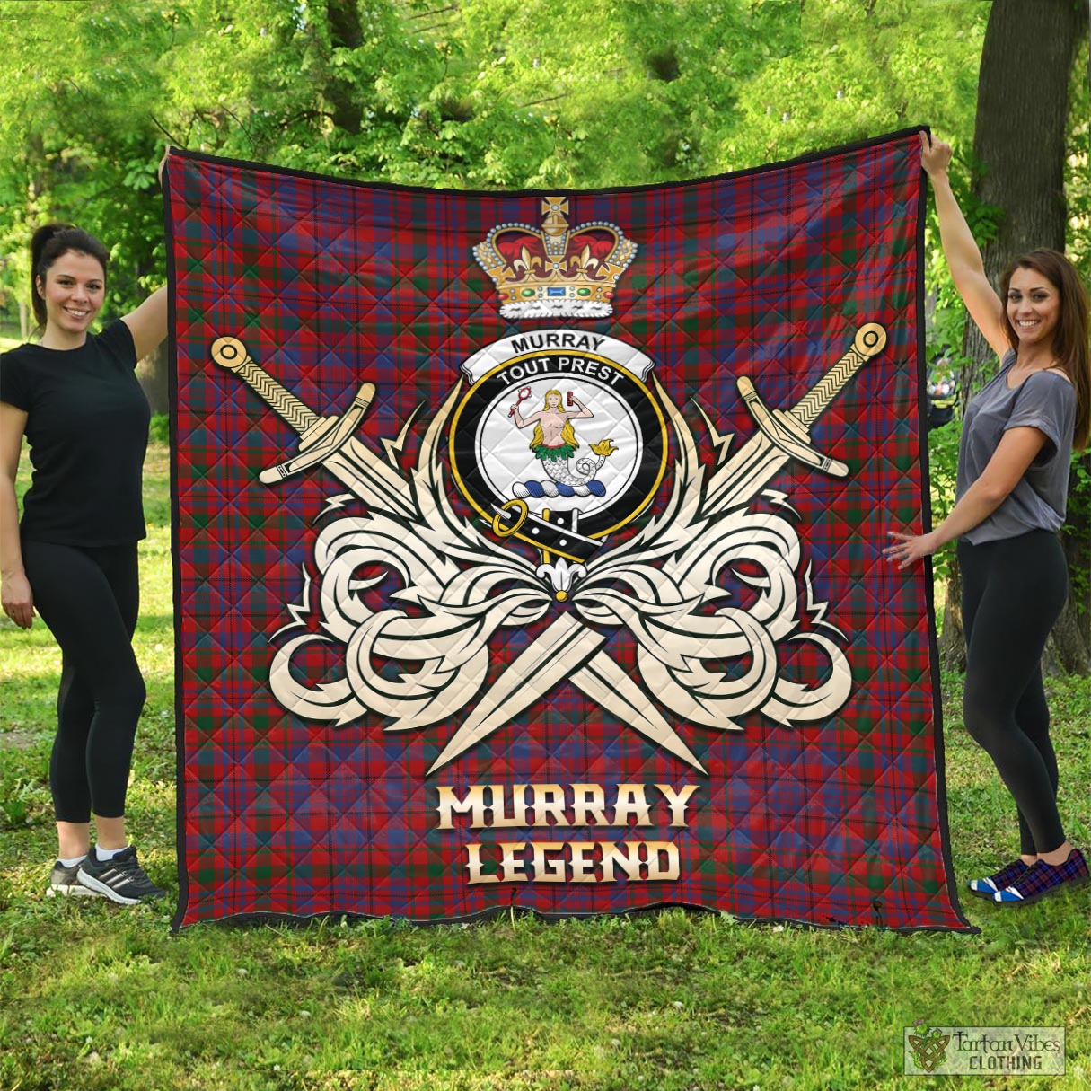 Tartan Vibes Clothing Murray of Tullibardine Tartan Quilt with Clan Crest and the Golden Sword of Courageous Legacy