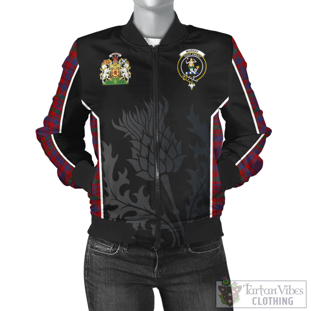 Tartan Vibes Clothing Murray of Tullibardine Tartan Bomber Jacket with Family Crest and Scottish Thistle Vibes Sport Style