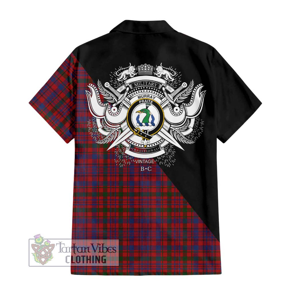 Murray of Tullibardine Tartan Short Sleeve Button Shirt with Family Crest and Military Logo Style - Tartanvibesclothing Shop