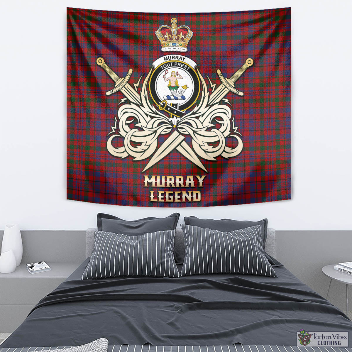 Tartan Vibes Clothing Murray of Tullibardine Tartan Tapestry with Clan Crest and the Golden Sword of Courageous Legacy